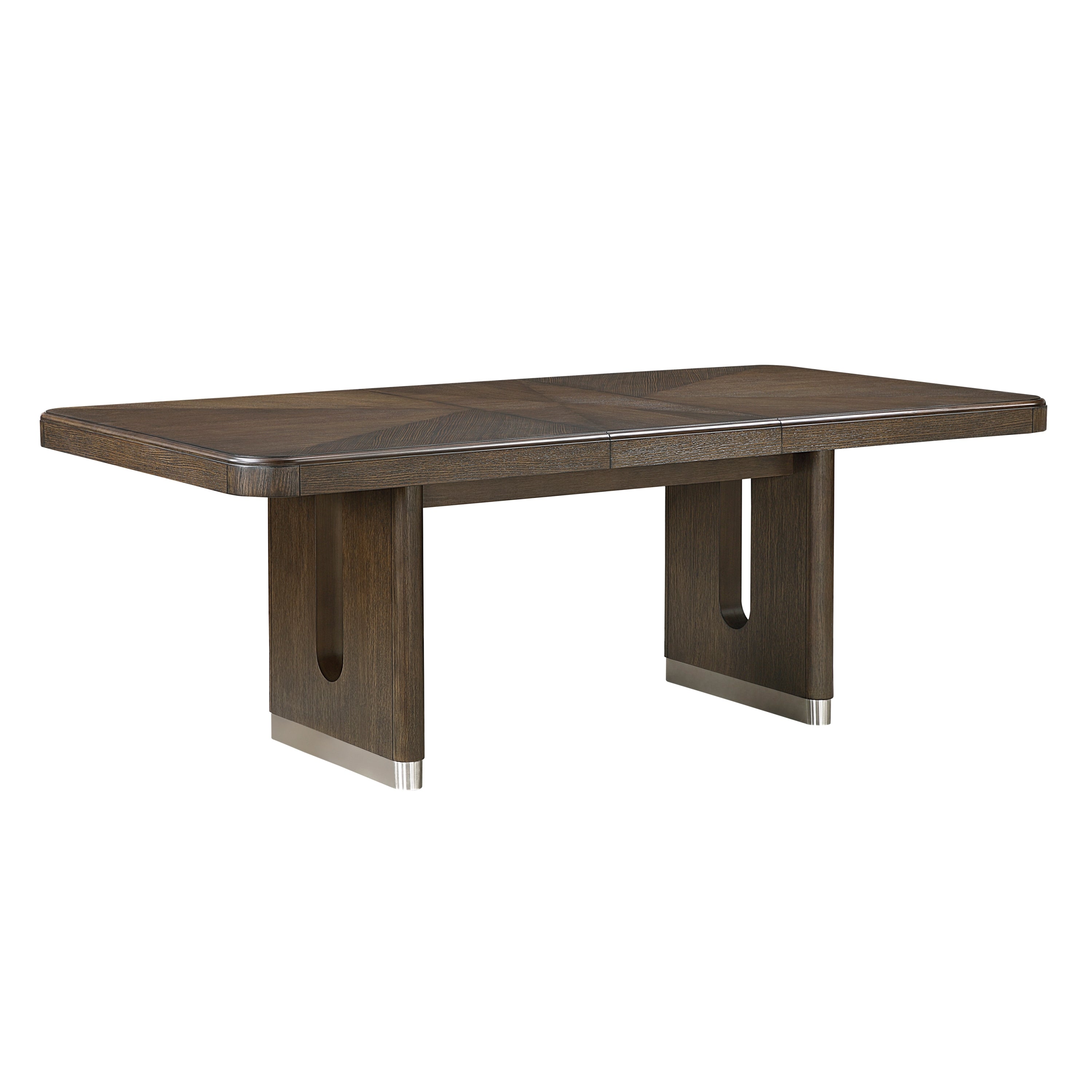 Modern Rectangular Dining Table with Extension Leaf Durable Unique Metallic Accent Base Brown Finish Wooden Dining Furniture 1pc