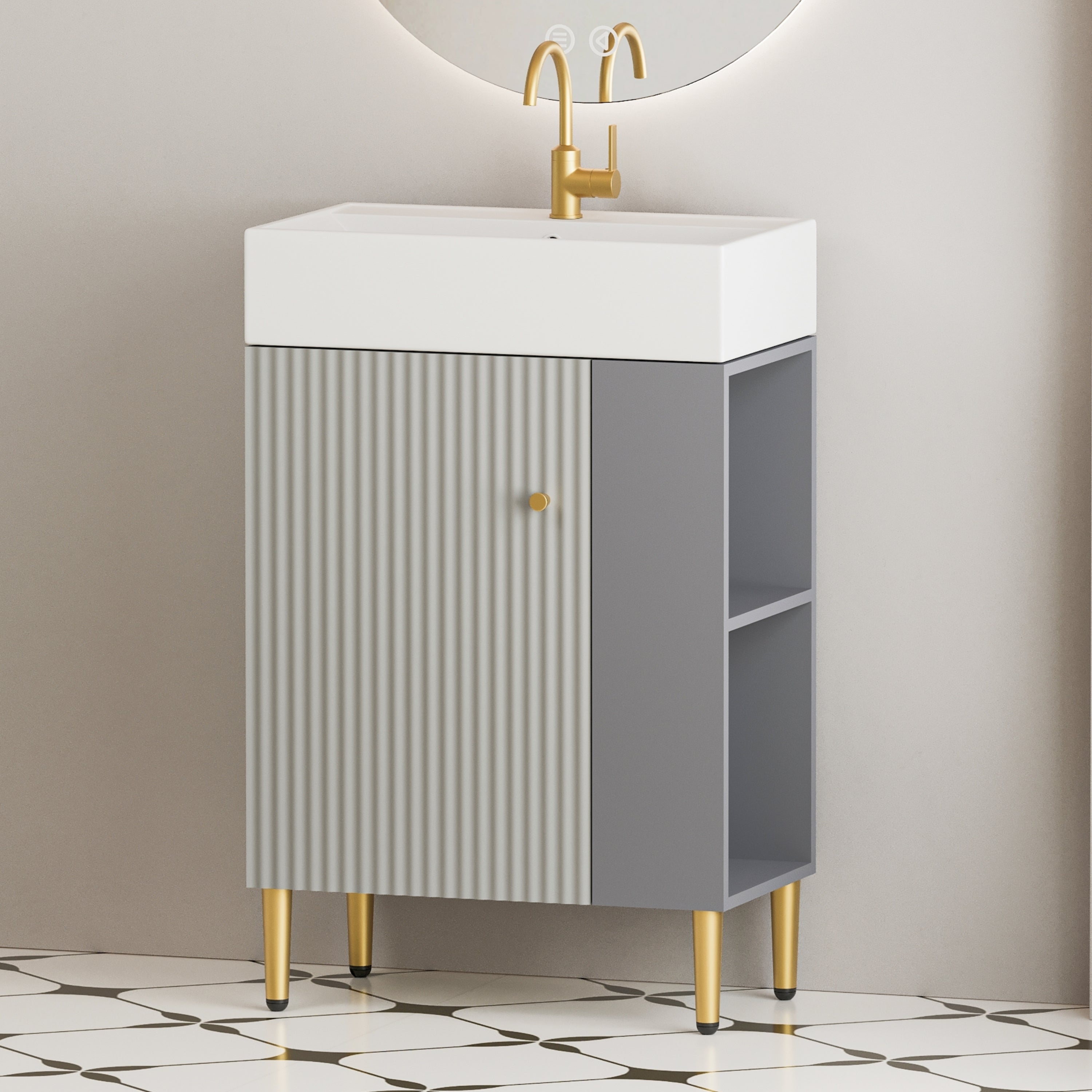 21.6' Open-shelving Bathroom Vanity with Ceramic Sink and Soft-Closing Door, Cloakroom Open Shelf Storage Cabinet on the Right Side, Assembly Required, Grey 24VB06-21MGR***CONTACT SELLER FOR STOCK***