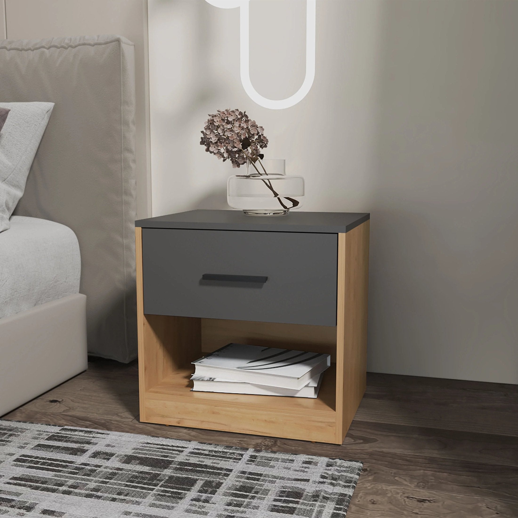Natural Oak and Matt Grey Nightstand with 1-Drawer