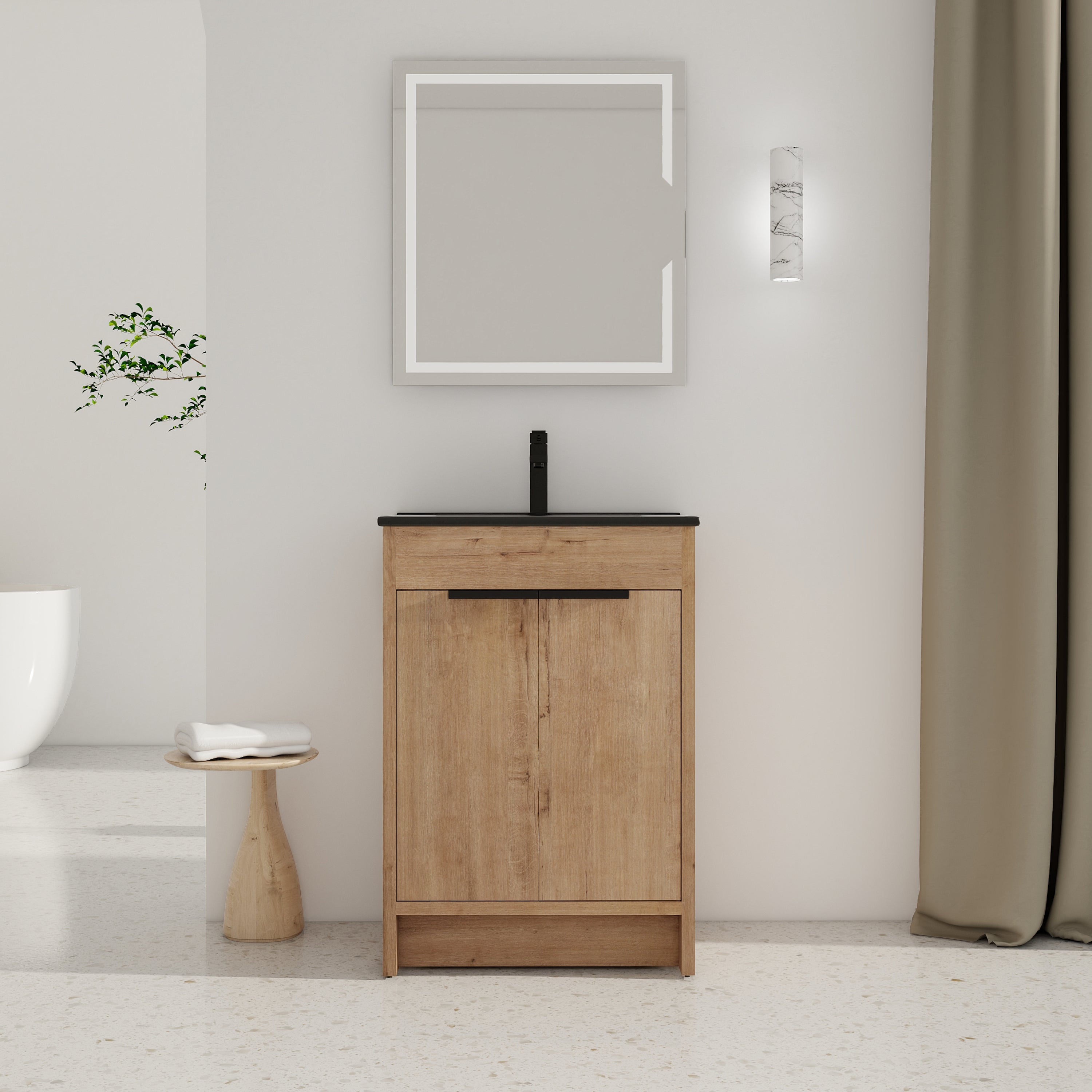 24' Freestanding Bathroom Vanity with Black Ceramic Sink & 2 Soft-Close Cabinet Doors ((KD-PACKING)
