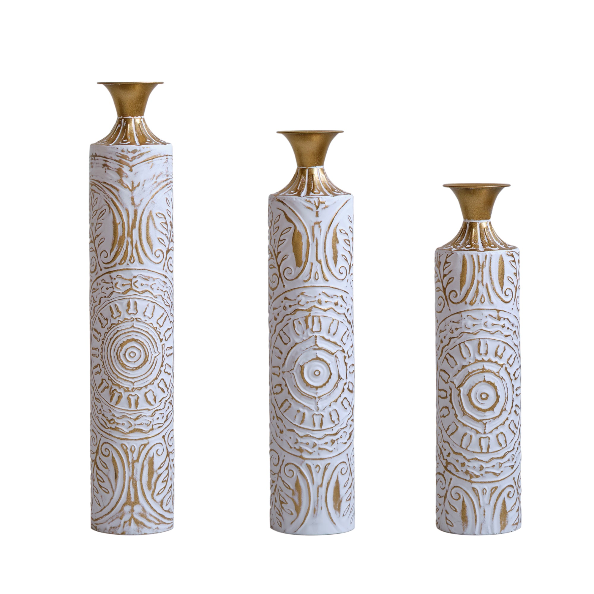 Floor Metal Vases Decorated White Metal Vases Set of 3 Gorgeous Home Decoration Large Glazed Metal Vases 24in/28.7in/33.5in Height