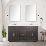Brown Oak Double Bath Vanity 60 in. W x 22 in. D, White Quartz Top, and Faucet Set