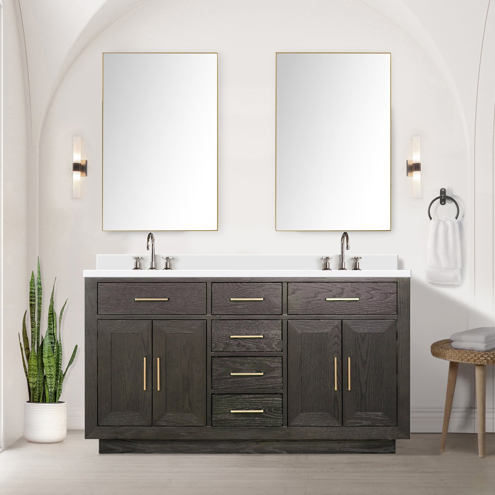 Brown Oak Double Bath Vanity 60 in. W x 22 in. D, White Quartz Top, and Faucet Set