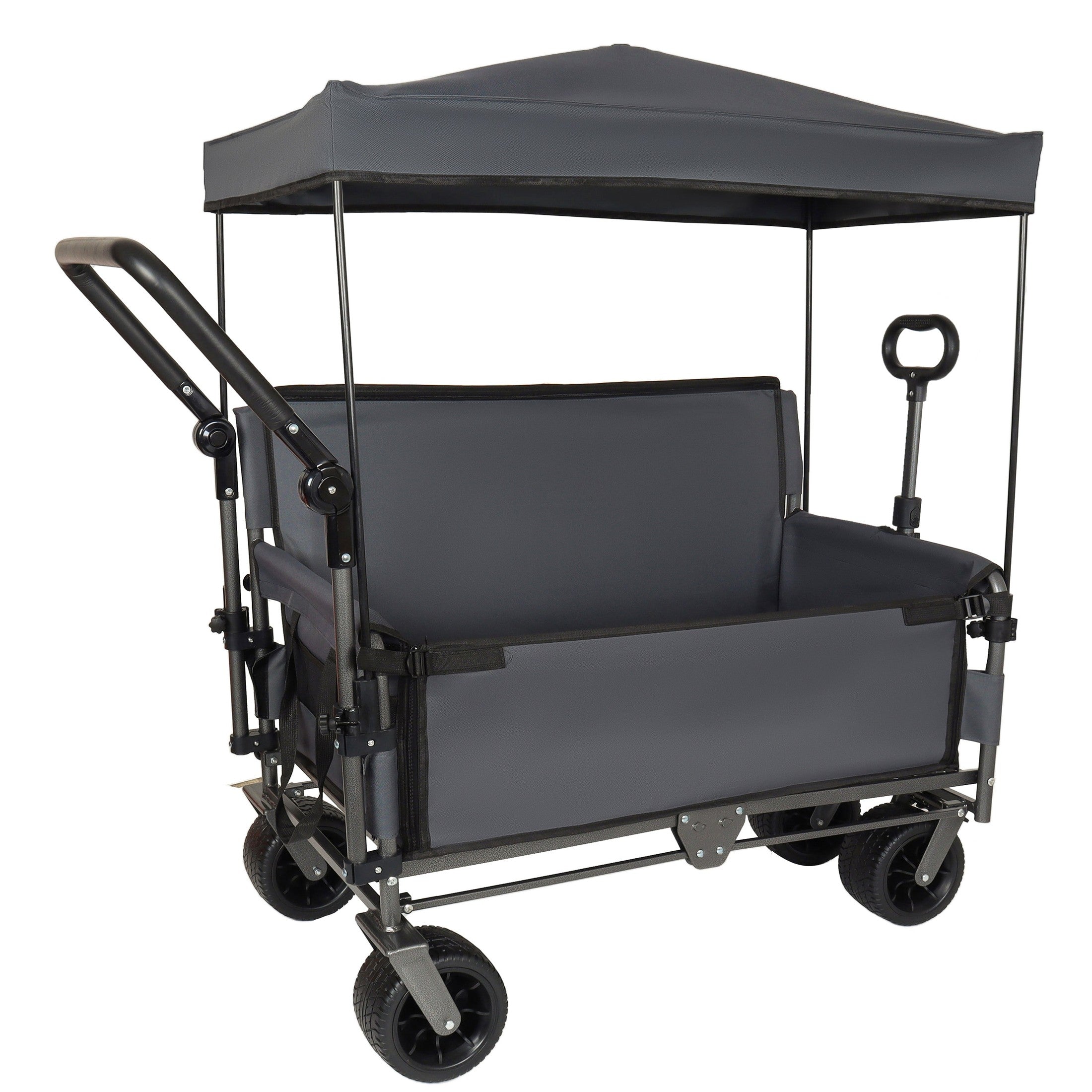 3-in-1 Folding Wagon Cart with Bench Seat & Canopy & Storage, 500lbs Heavy-Duty, 180L Capacity, All-Terrain Wagon for Camping, Beach, Sports, & Garden, Gray