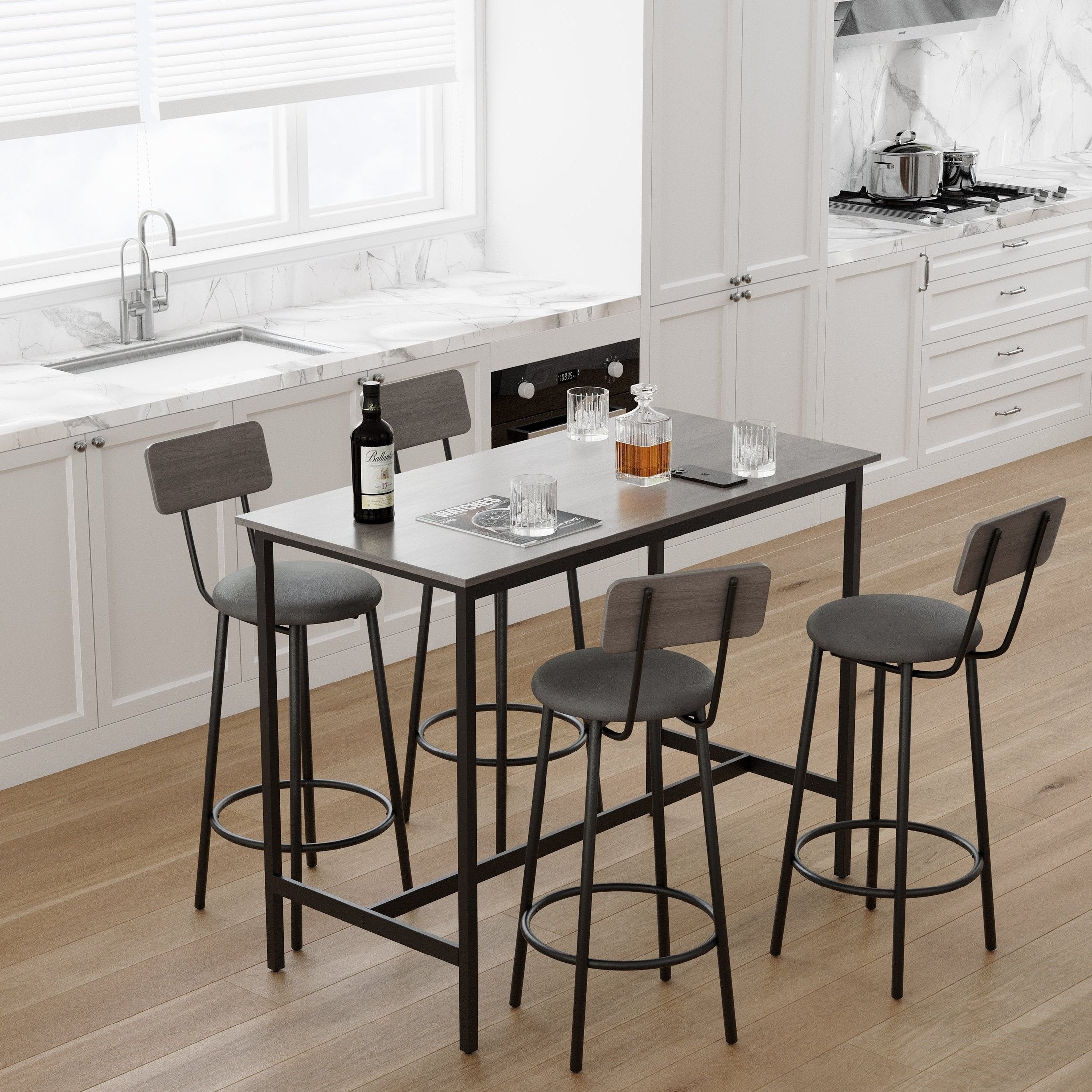 Bar Table Set with 4 Bar stools PU Soft seat with backrest, Grey, 47.24'' L x 23.62'' W x 35.43'' H