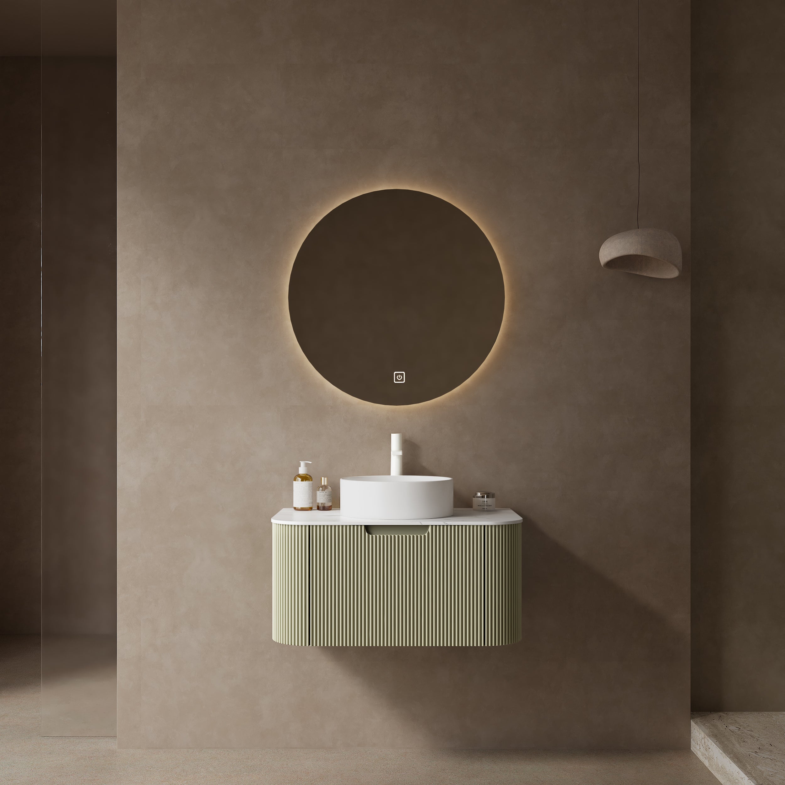 DINA 30' Bathroom Vanity with Sink, Modern Wall-Mounted Floating Curved Edges Striped Bathroom Storage Cabinet with a Drawer, White Round Ceramic Basin without Faucet, Pre-assembled, Light Green Color