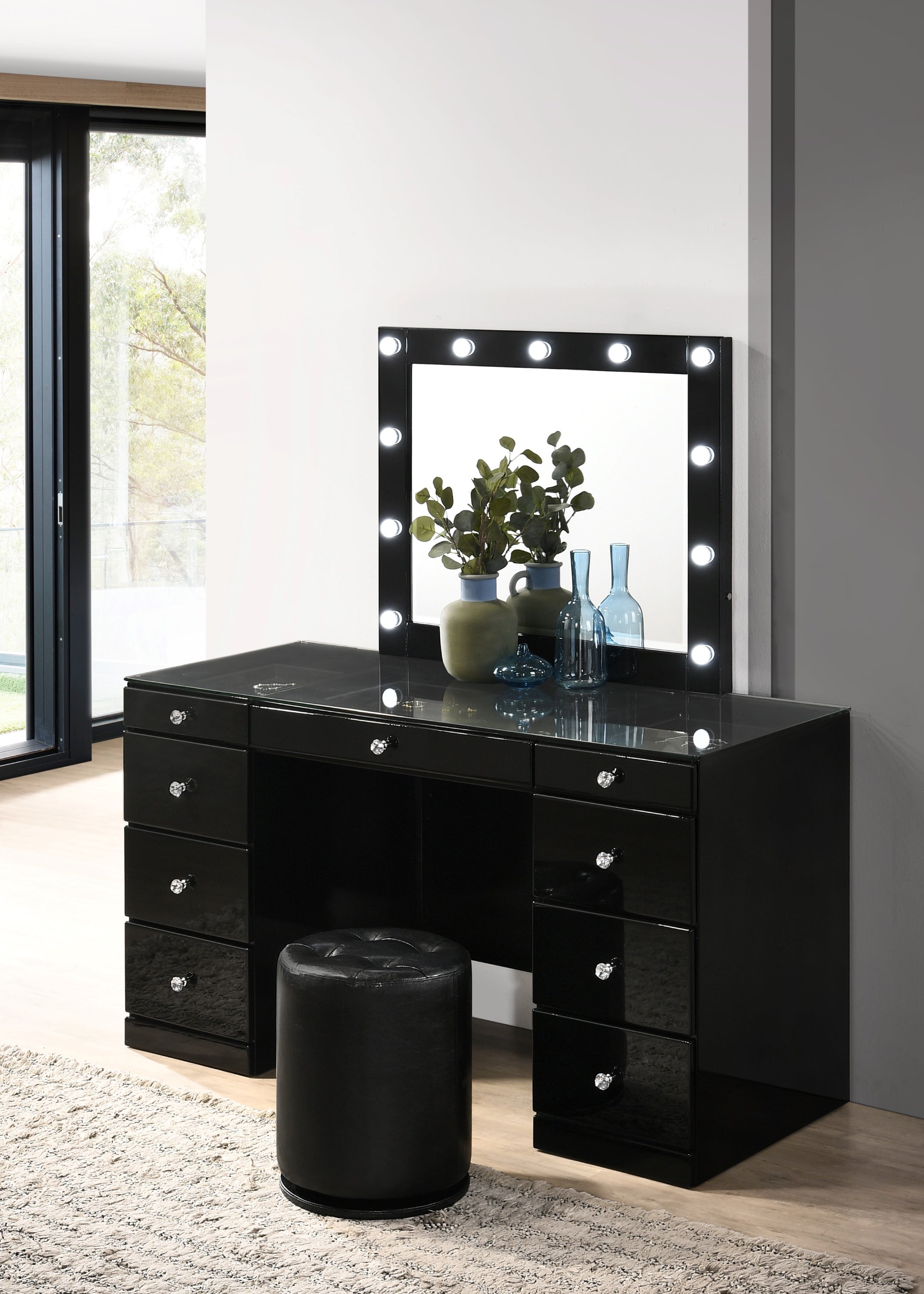 3pc Makeup Vanity Set LED Lighted Mirror Glass Top 9 Drawers Crystal Knobs Round Stool Wooden Bedroom Furniture Black