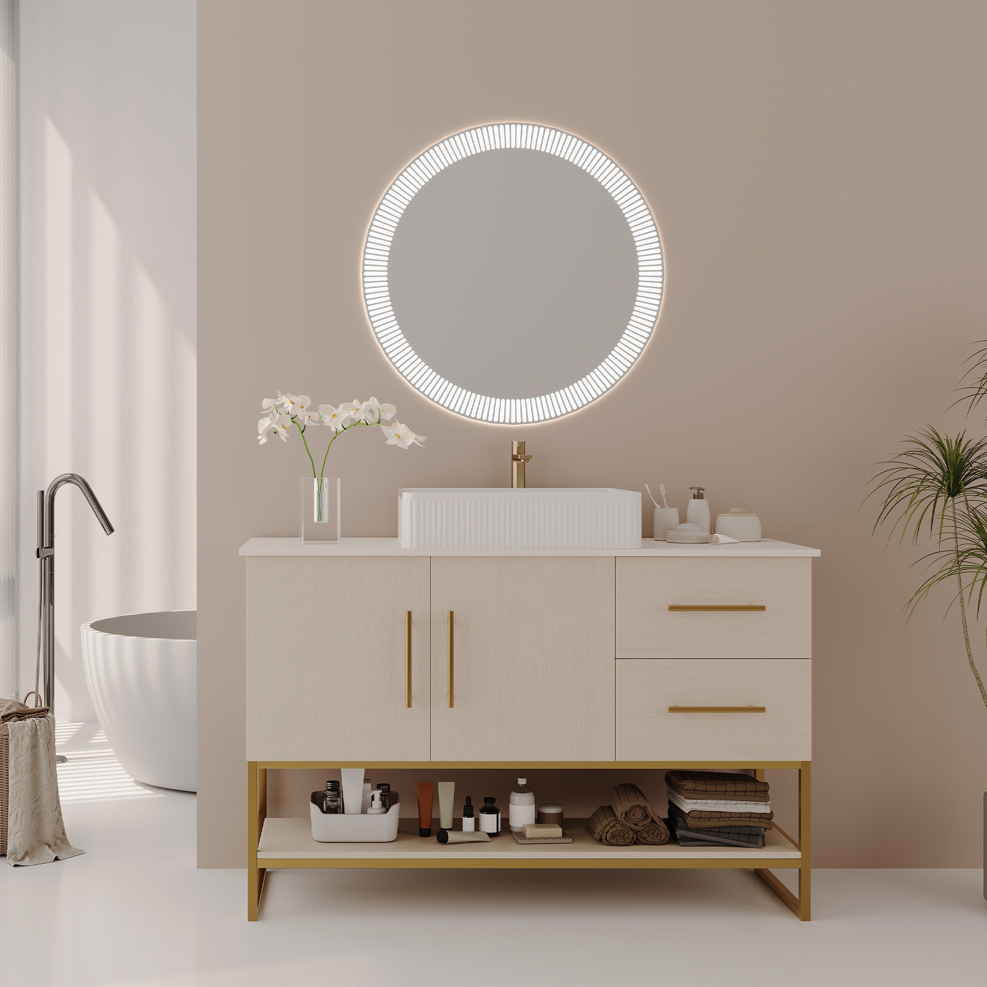 47.2' Modern Bathroom Vanity with Ceramic Vessel Sink, Gold Accent Free Standing Cabinet