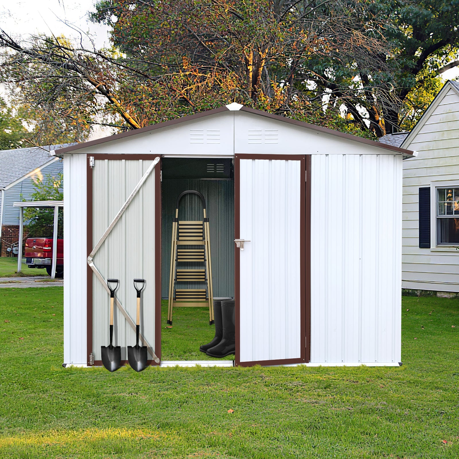 Metal garden sheds 8ftx6ft outdoor storage sheds white+offee