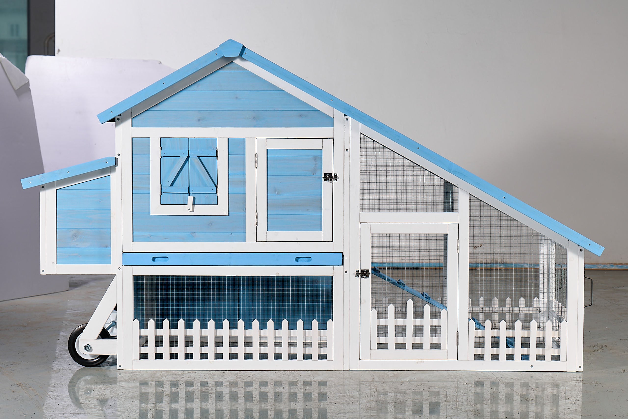 76' Wooden Rabbit Hutch Bunny Cage with Waterproof Asphalt Roof, Fun Outdoor Run, Removable Tray and Ramp, Light Blue