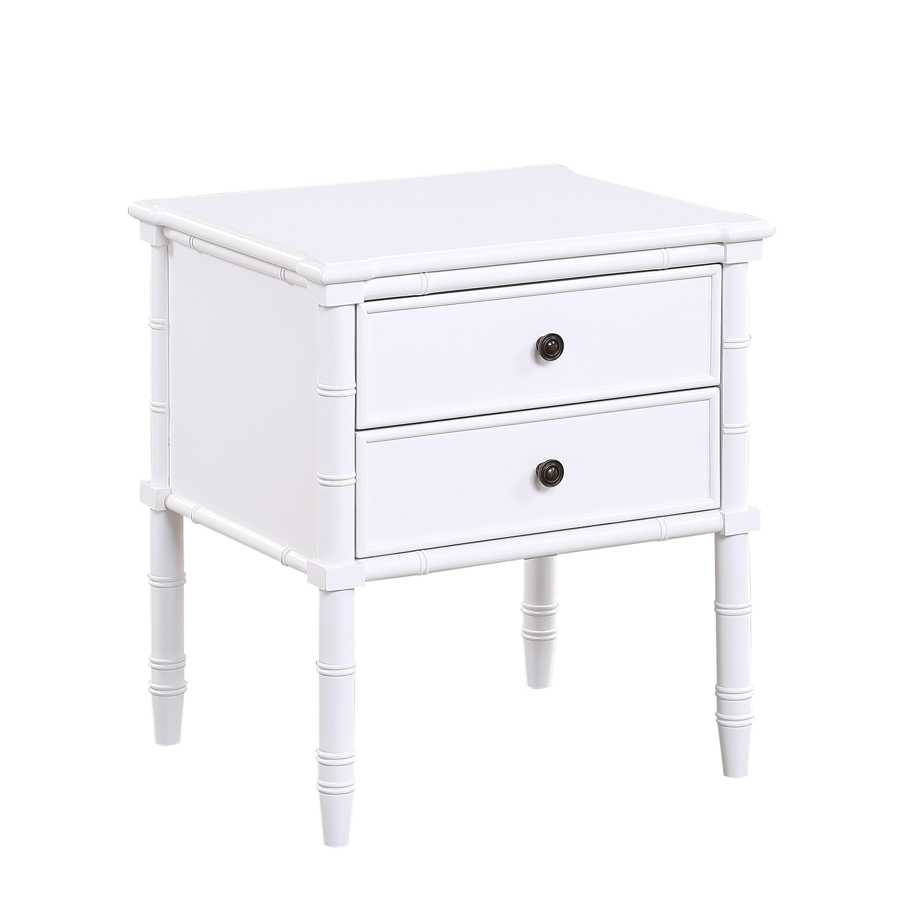 Emmett 2 Drawer Nightstand - White with Carved Bamboo Style Legs