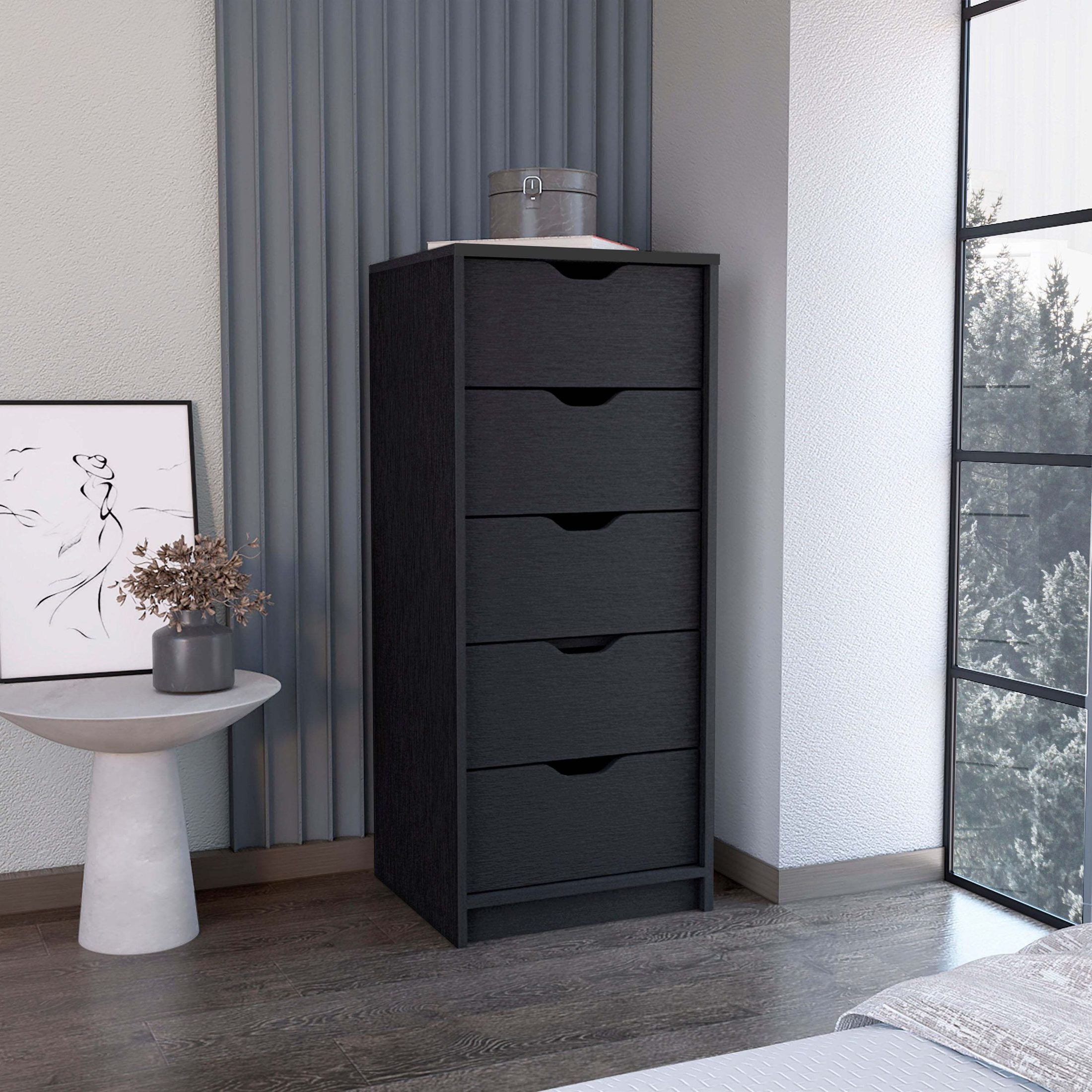 Dresser 42'H, 5 Drawers , Slim Storage Chest of Drawers, Black