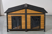 Large Outdoor Wooden Dog House with Dual Doors, Waterproof Asphalt Roof & Lift-Up Top, Fir Wood Dog Shelter for Medium to Large Dogs (Black & Natural Finish)