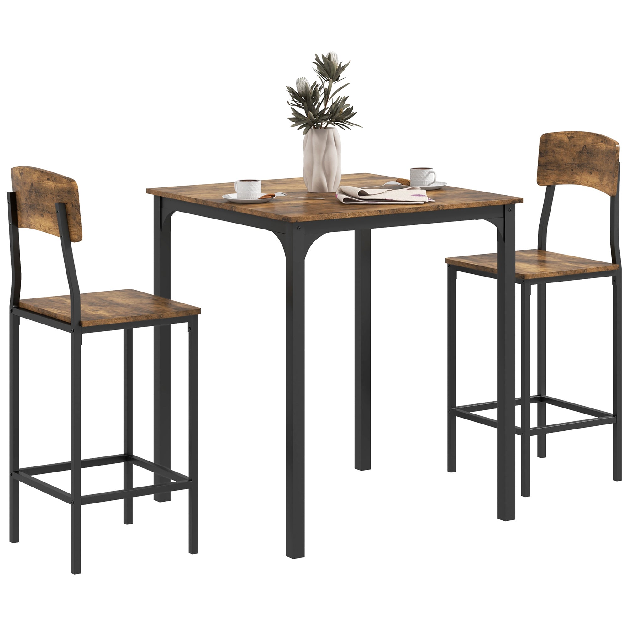 HOMCOM 3 Piece Counter Height Bar Table and Chairs Set, Industrial Small Dining Table Set for 2, Square Kitchen Table and Stools with Steel Frame, Rustic Brown and Black