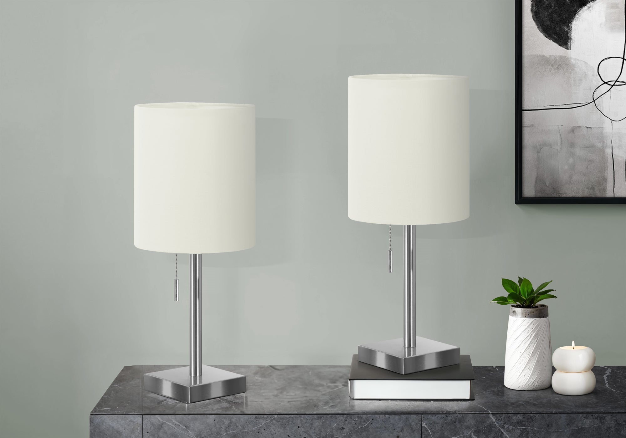Lighting, Set Of 2, 17'h, Table Lamp, Usb Port Included, Nickel Metal, Ivory / Cream Shade, Contemporary