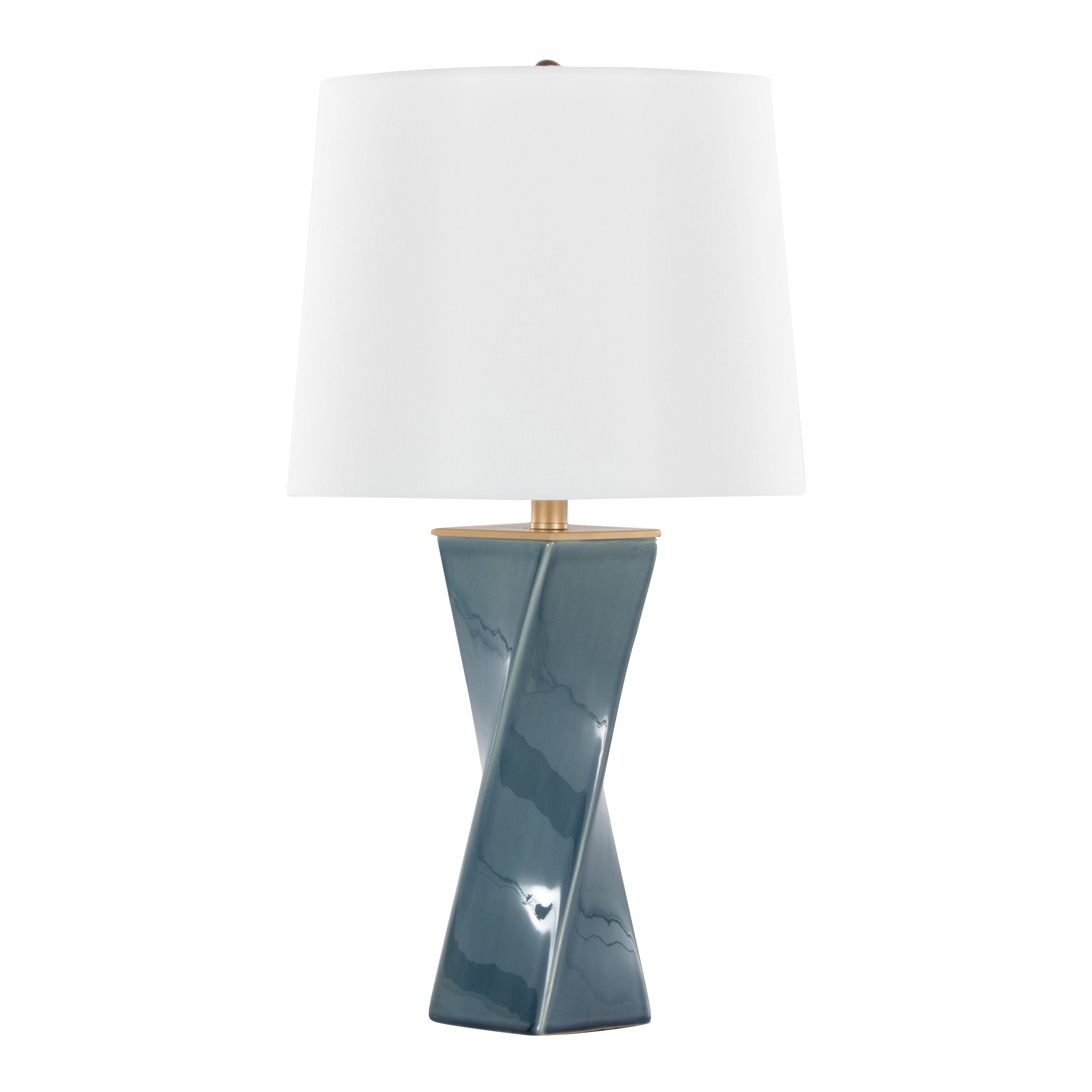 Curvo Square Contemporary 27' Ceramic Table Lamp in Blue Ceramic, Gold Metal, and White Linen by LumiSource