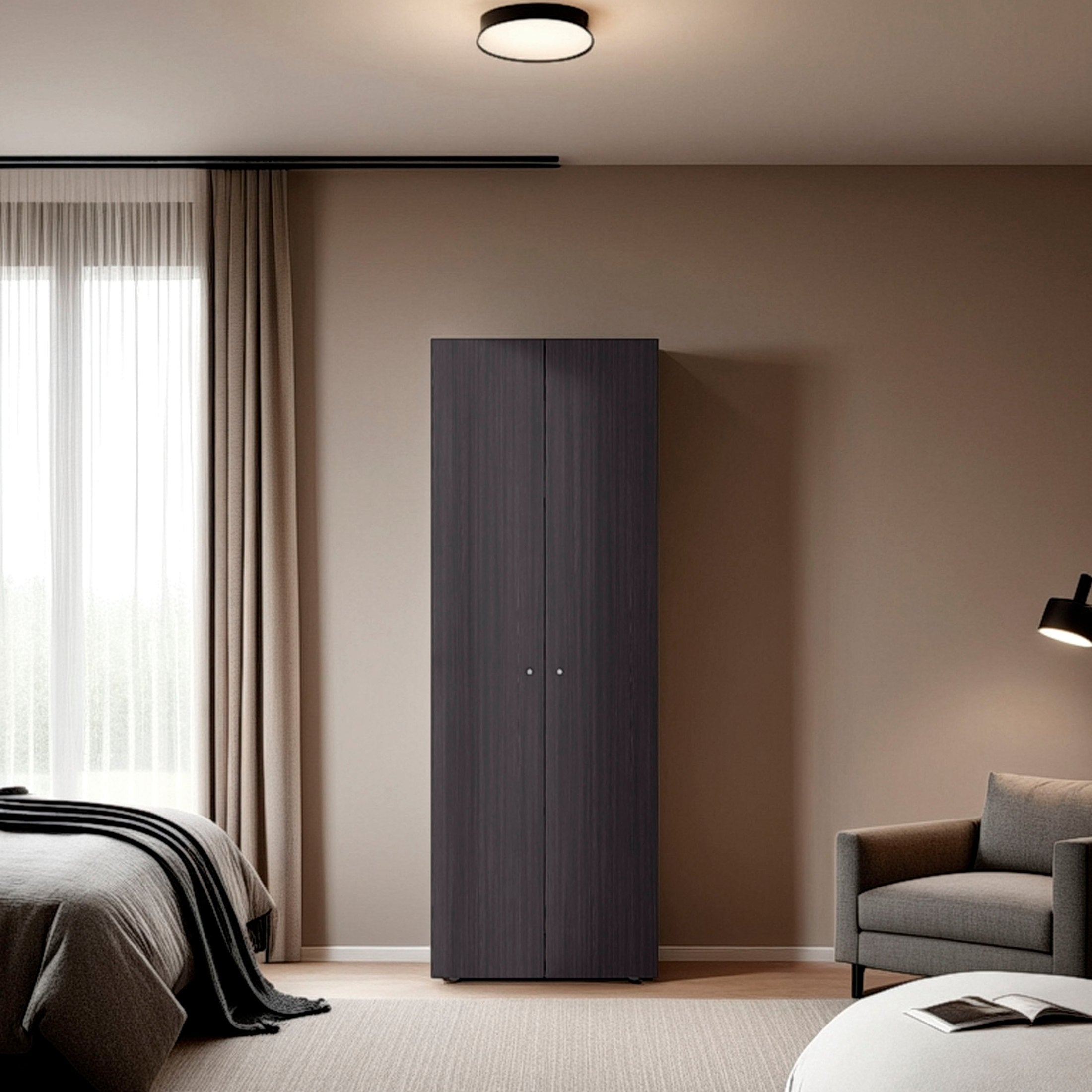 FM FURNITURE World 2-Door Tall Wardrobe Cabinet, 4 Shelves, Vertical Storage, 66.9'H – Bedroom, Wenge