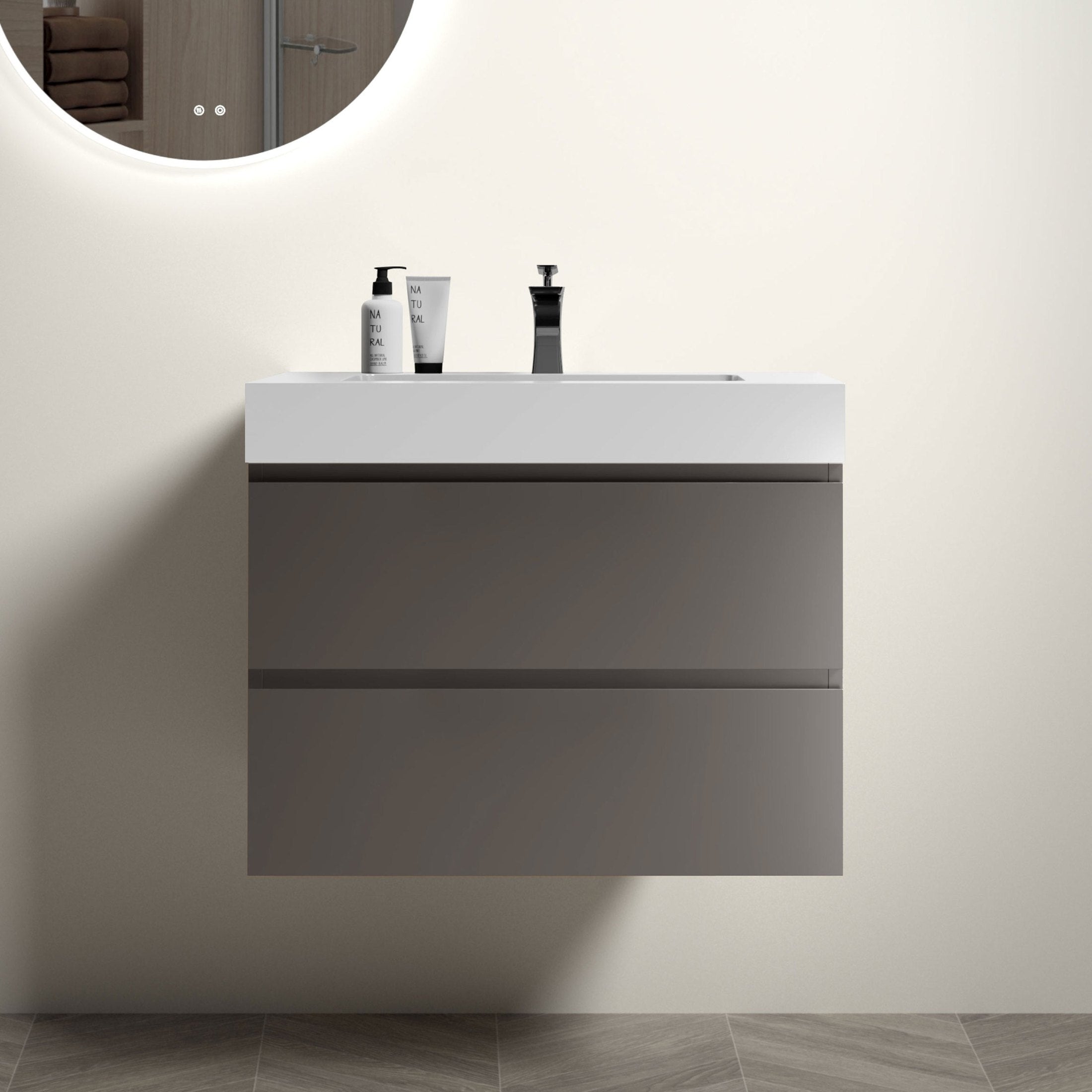 Alice 30' Gray Bathroom Vanity with Sink, Large Storage Wall Mounted Floating Bathroom Vanity for Modern Bathroom, One-Piece White Sink Basin without Drain and Faucet, Pre-assembled
