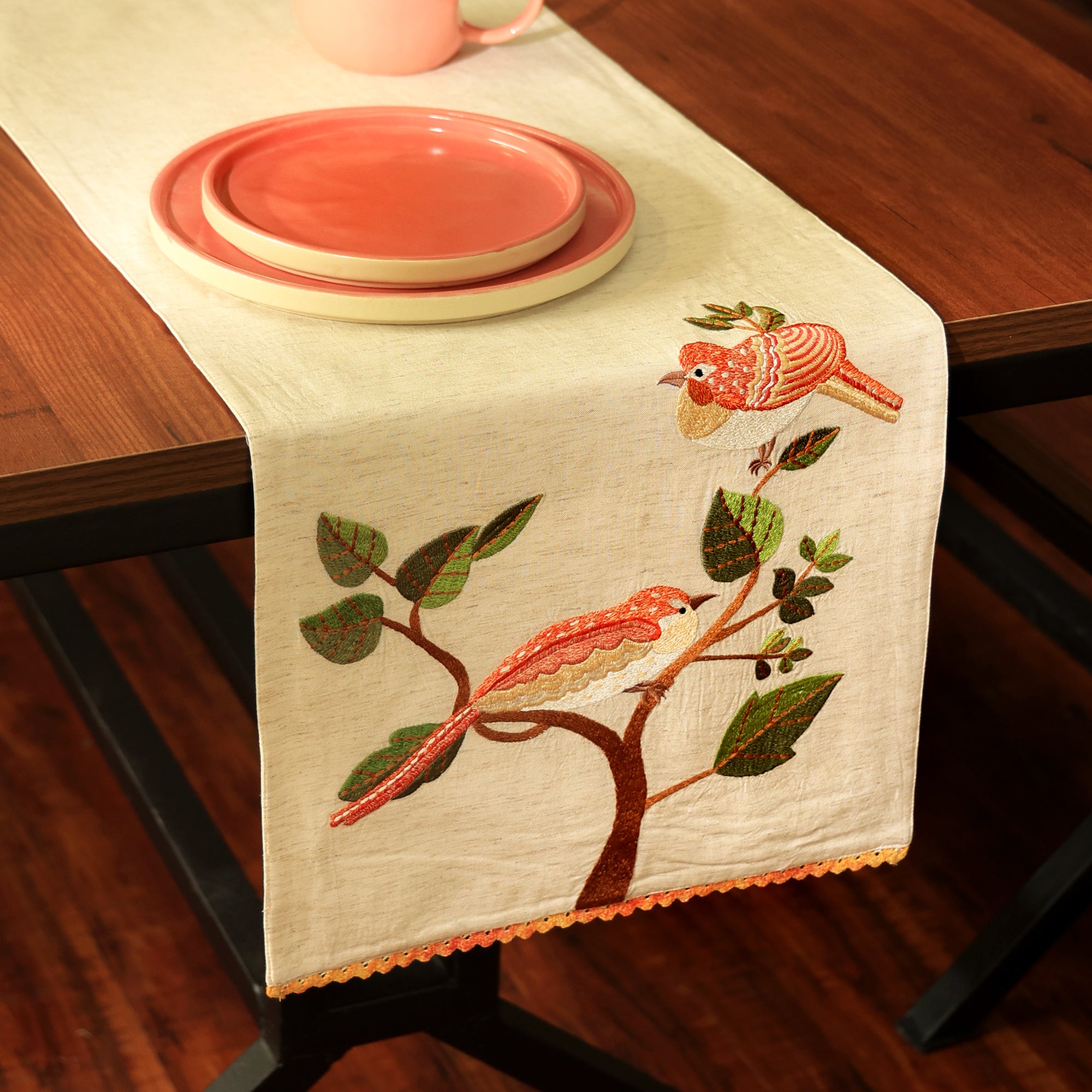 Bird Embroidered Table Runner 72 Inches Long for Dresser Home Dining Table Décor