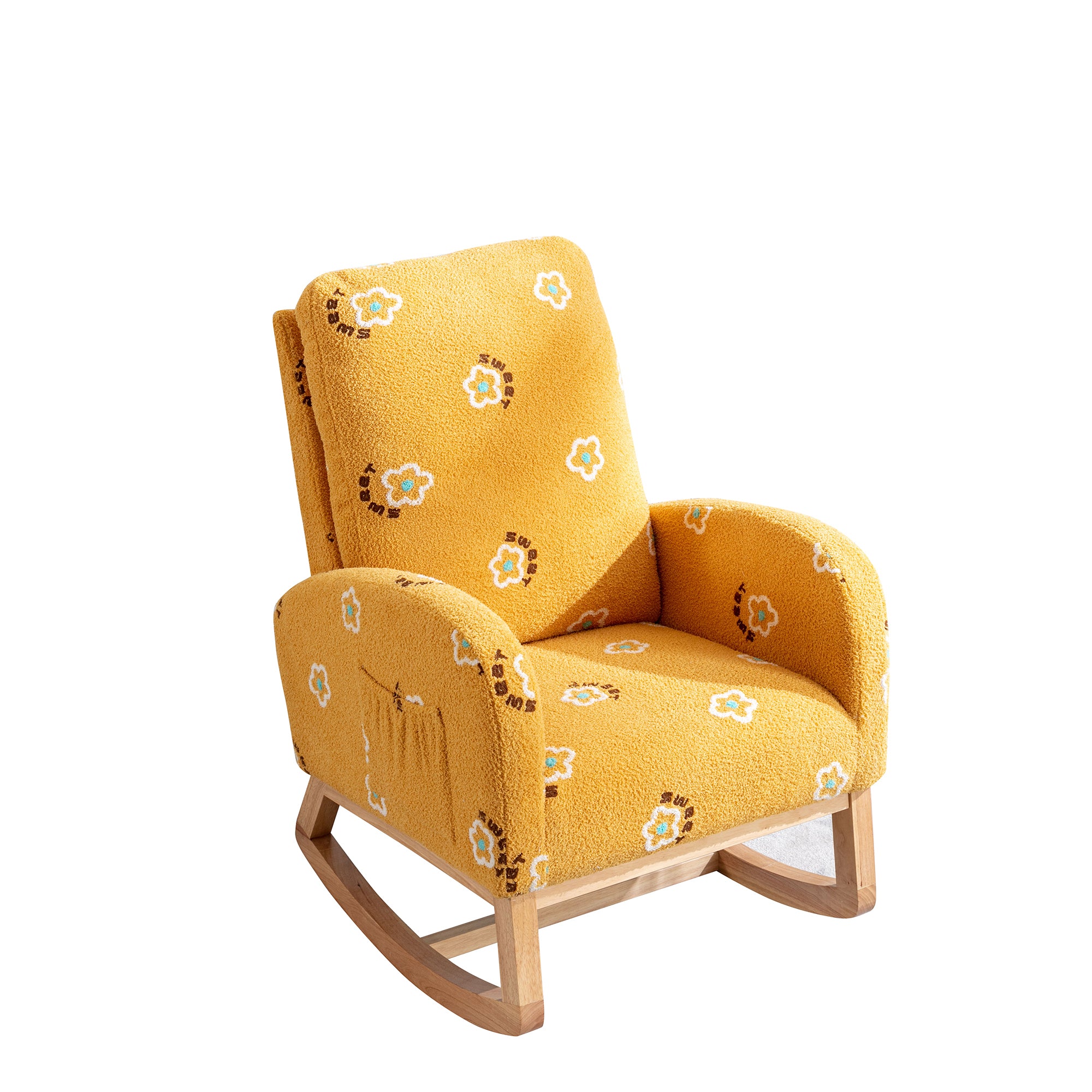 Modern Nursery Rocking Chair Mid Century Accent with Side Pocket Mustard Boucle Upholstered High Back
