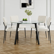 Modern simple table with a glass round table and four chairs. Transparent tempered glass countertop, black metal legs, suitable for kitchen living room dining room (set of 5)