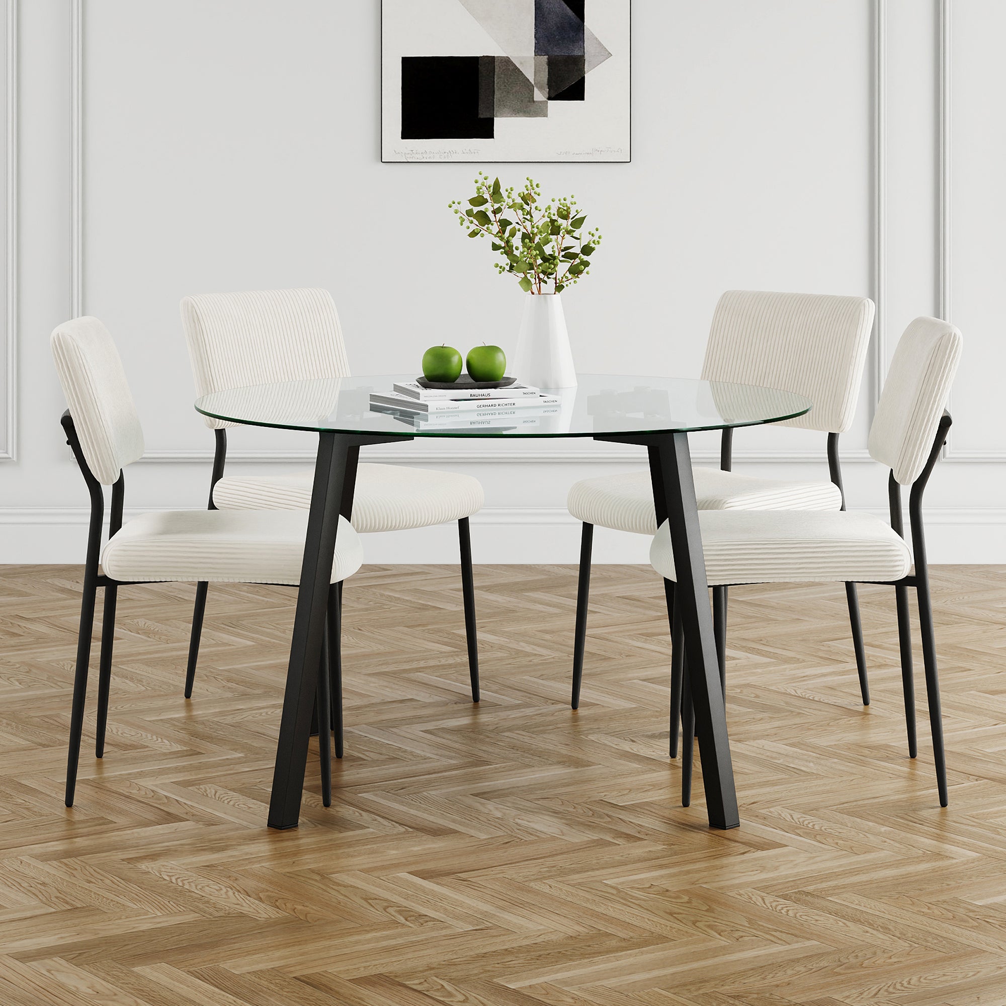 Modern simple table with a glass round table and four chairs. Transparent tempered glass countertop, black metal legs, suitable for kitchen living room dining room (set of 5)