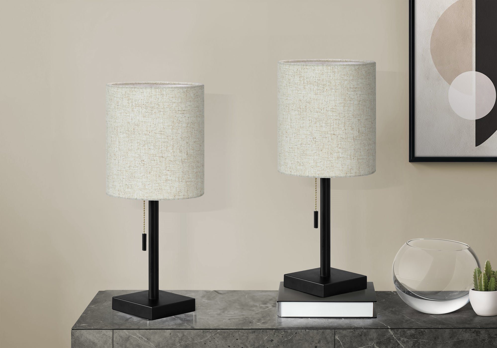 Lighting, Set Of 2, 17'h, Table Lamp, Usb Port Included, Black Metal, Beige Shade, Contemporary
