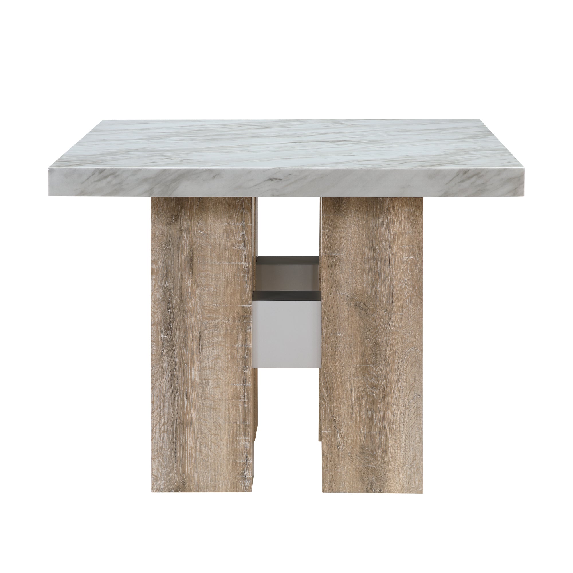 MIKHA Natural Bar Table with Faux Marble Top in White Rubberwood, 48x48x36 Inches