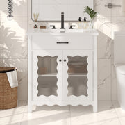 31' Bathroom Vanity with Tempered Glass, Modern Bathroom Cabinet with Rubber Wood legs and Soft close Doors, White