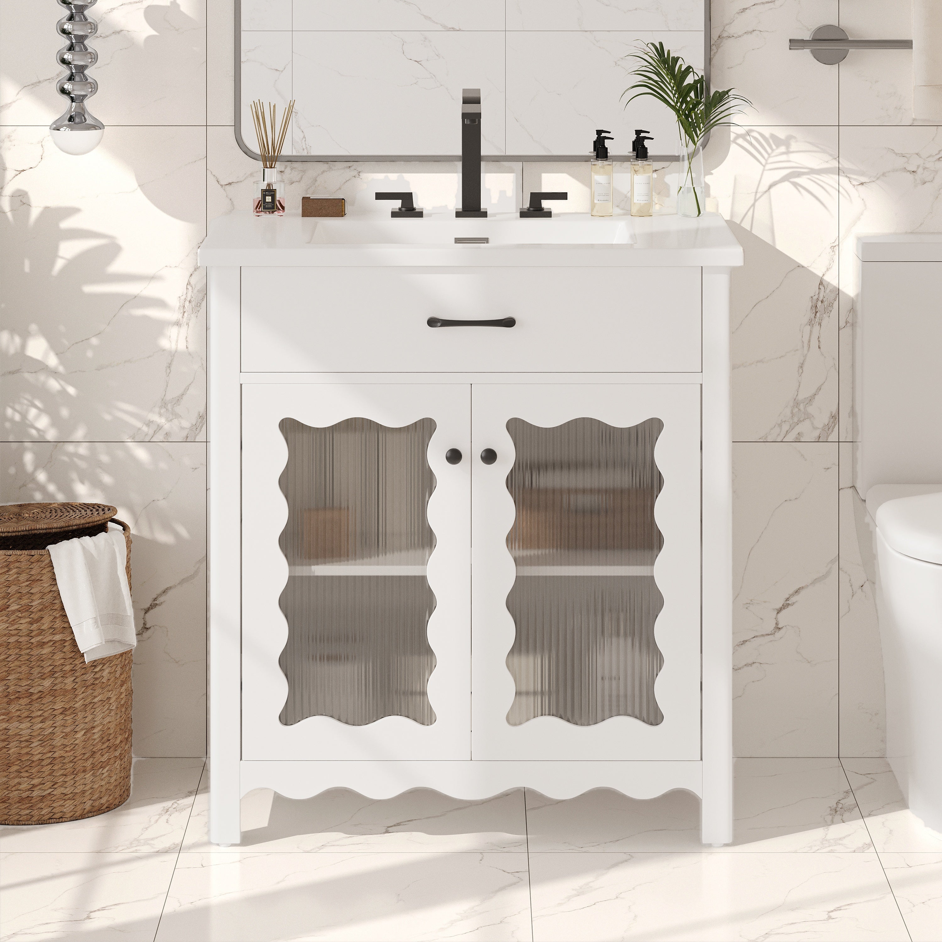 31' Bathroom Vanity with Tempered Glass, Modern Bathroom Cabinet with Rubber Wood legs and Soft close Doors, White