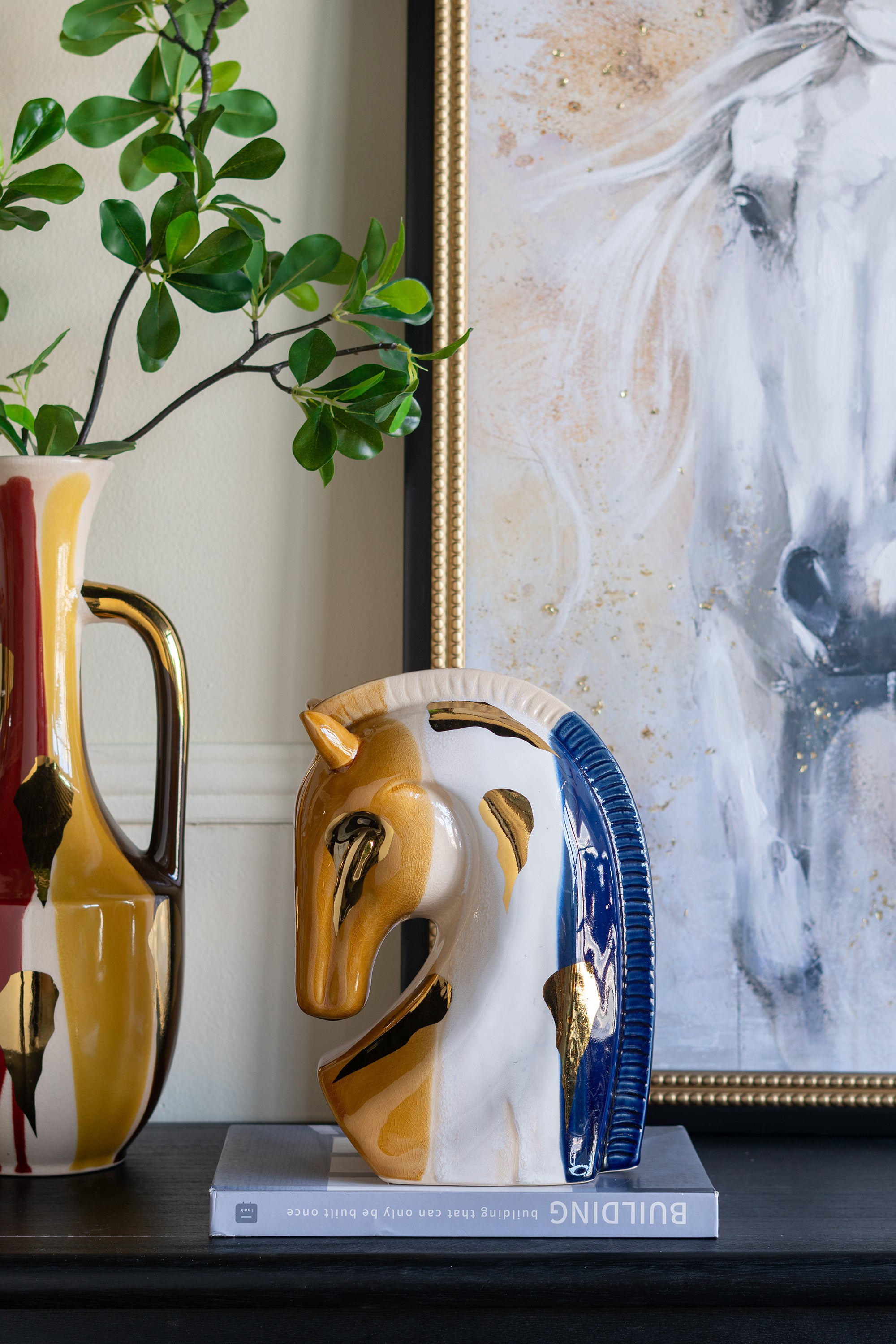 7.2x4.1x10.6' Ceramic Horse Head Sculpture with Abstract Multicolored Finish