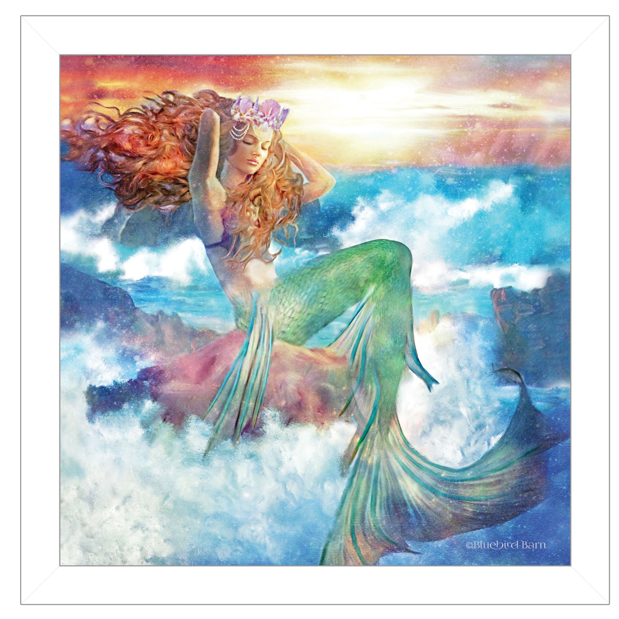 'Sunset Mermaid' by Bluebird Barn, Ready to Hang Framed Print, White Frame