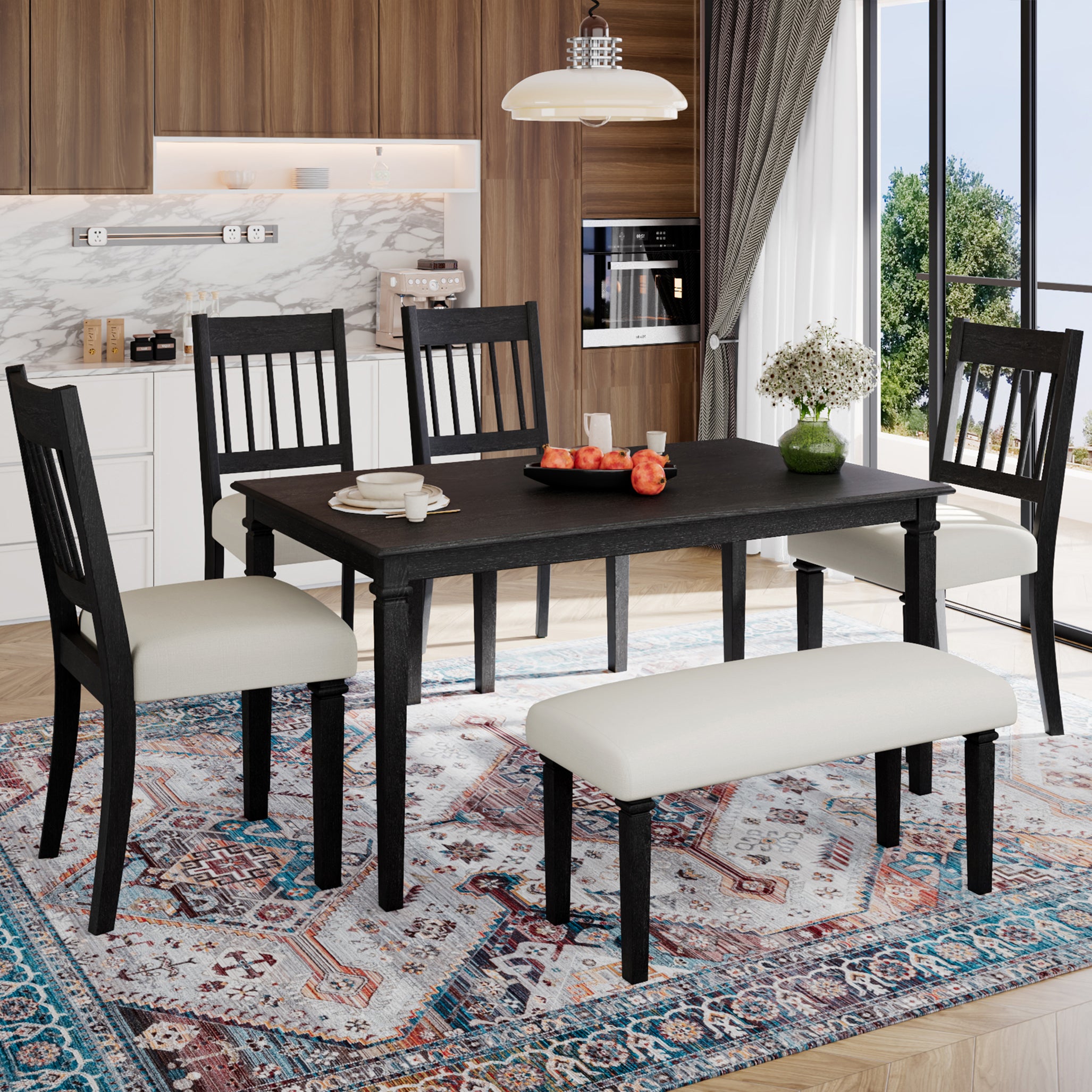 6-Piece Retro Dining Room Set, Classic Kitchen Furniture Set, Wooden Rectangular Table and 4 Chairs with Bench for kitchen & Dining Room (Easy Assembly, Space Saving)(DOVETAIL GREY)