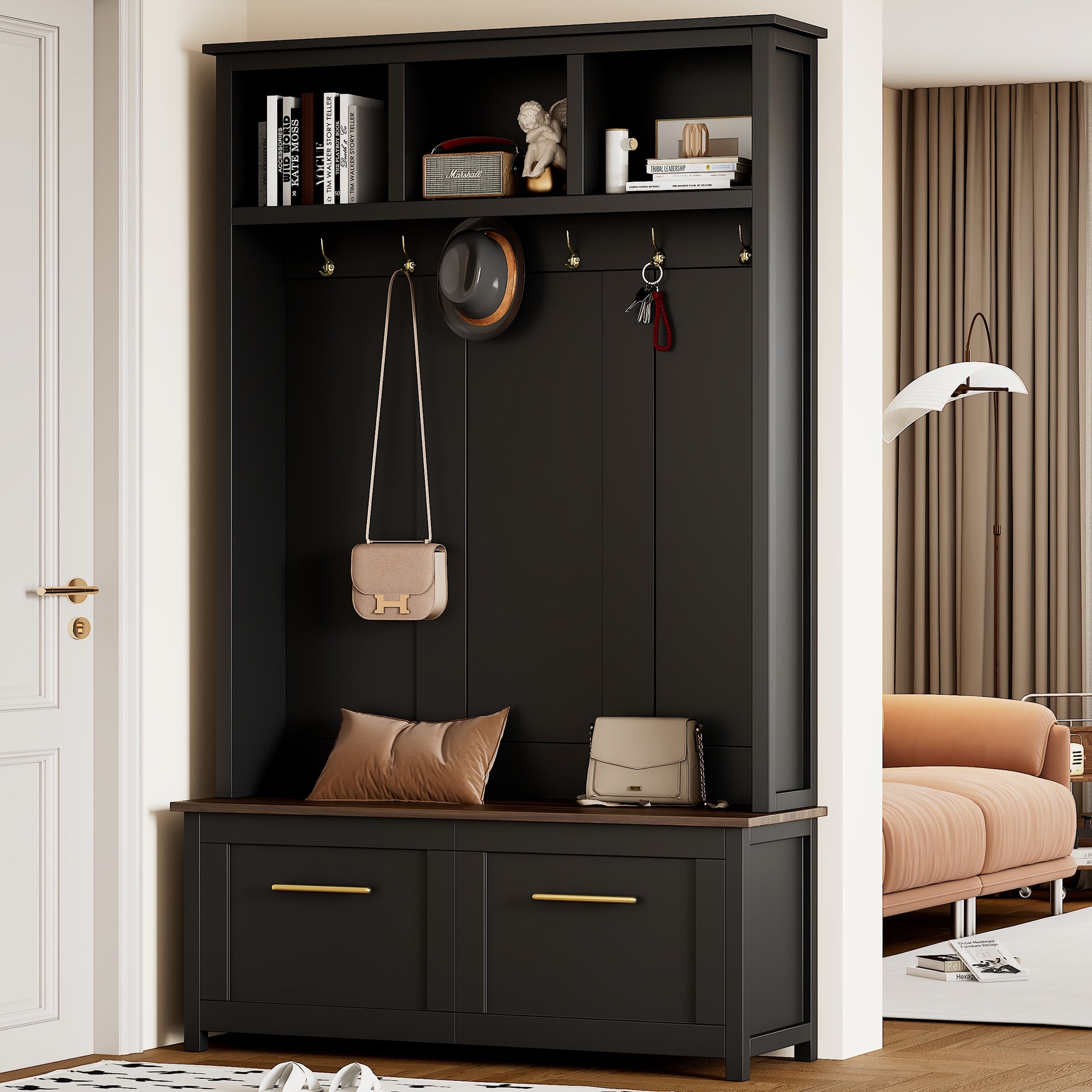 ON-TREND Versatile 4-in-1 Hall Tree with 6 Golden Hooks, Wood Grain Bench with Multiple Storage Space, Entryway Coat Rack with 2 Drawers for Living Room, Hallway, Black, 76.6''H (OLD SKU:N721S000034B)