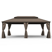 14' X 24' Hardtop Gazebo, Upgraded Metal Gazebo with Drainage System, Dual-Layer Galvanized Steel Roof, Curtain and Netting, Outdoor Shelter Canopy for Patio, Garden, and Backyard, Brown