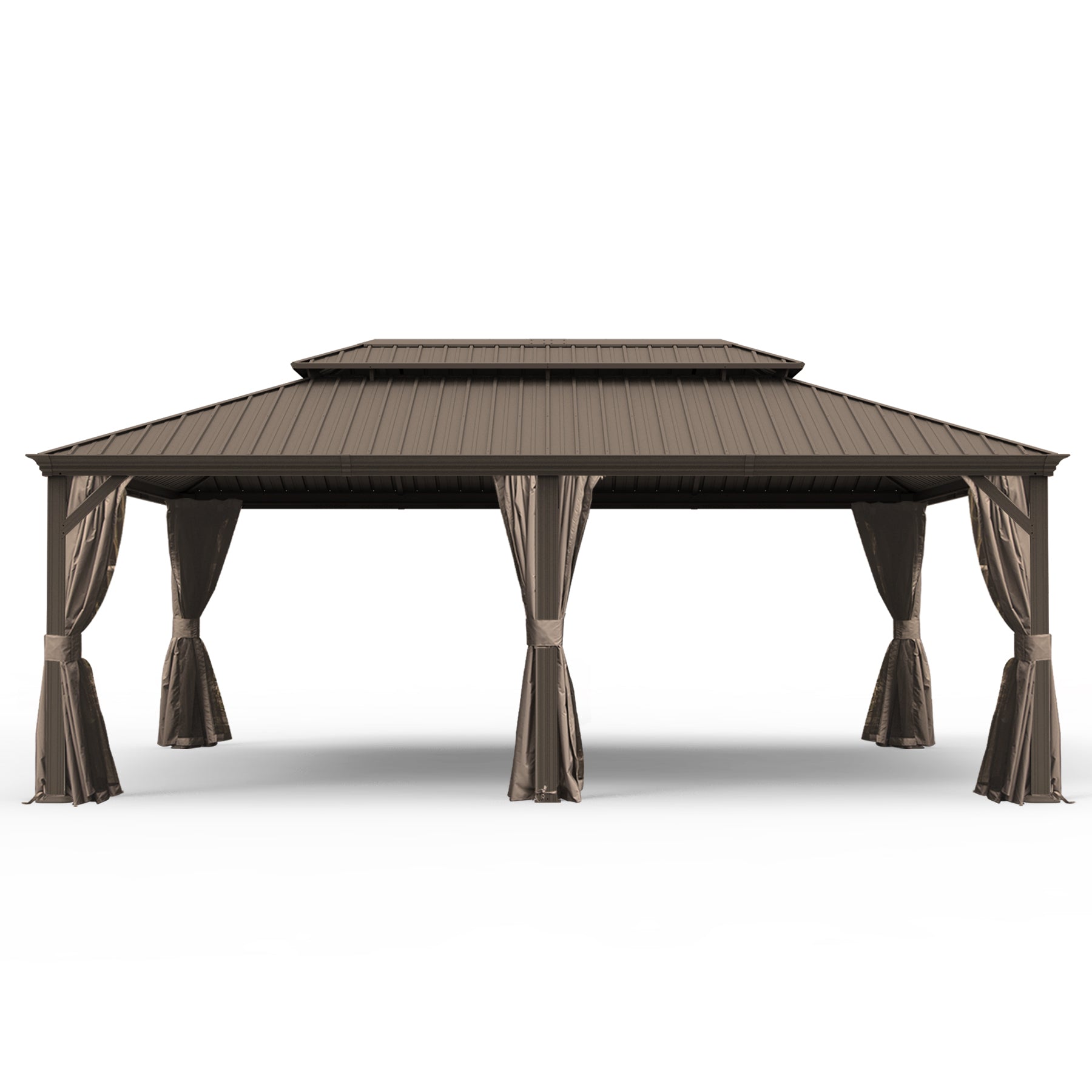 14' X 24' Hardtop Gazebo, Upgraded Metal Gazebo with Drainage System, Dual-Layer Galvanized Steel Roof, Curtain and Netting, Outdoor Shelter Canopy for Patio, Garden, and Backyard, Brown