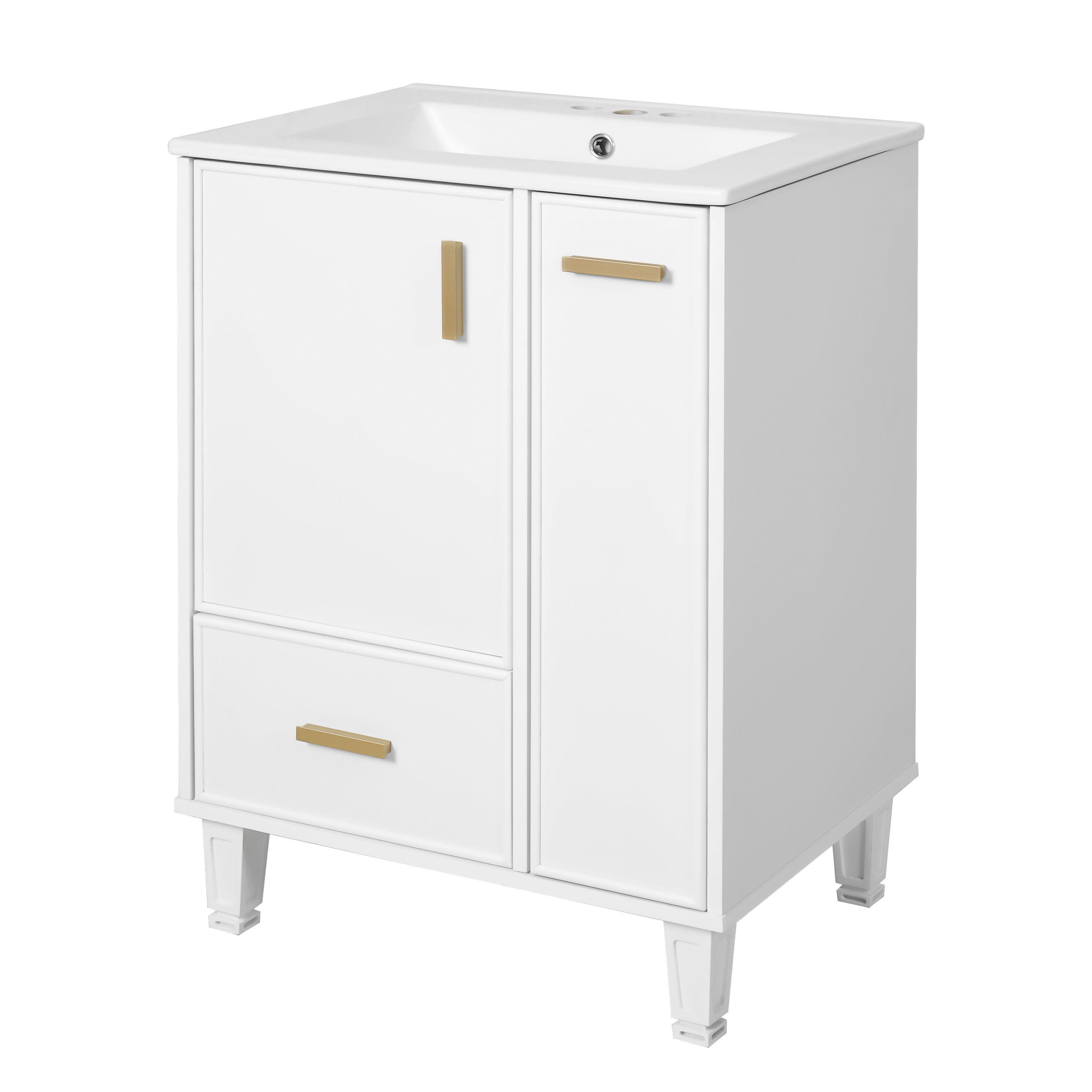White Solid Wood and MDF 24' Bathroom Vanity with Sink, Deep Drawer, Door Shelf, 2-Tier Basket