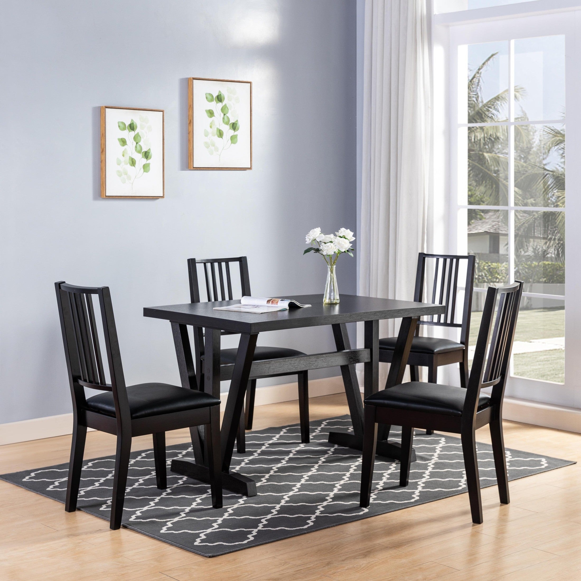 Dark Espresso finish dining table with pre-assembled frame legs spacer bar seats 4 people