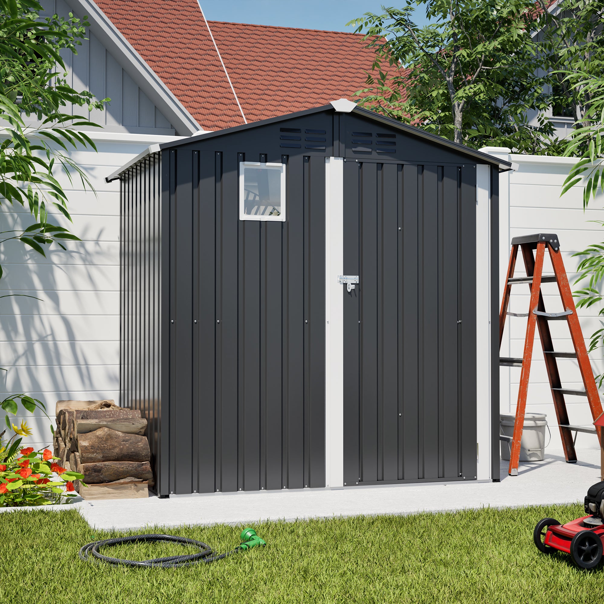 Metal Outdoor Storage Shed 6FT x 4FT, Steel Utility Tool Shed Storage House , Metal Sheds Outdoor Storage for Backyard Garden Patio Lawn (6' x 4'), Black