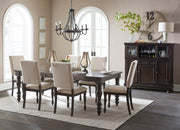 Traditional Brown Finish 7pc Dining Set Table w Leaf and 6x Side Chairs Beige Nailhead Trim Transitional Dining Wooden Furniture