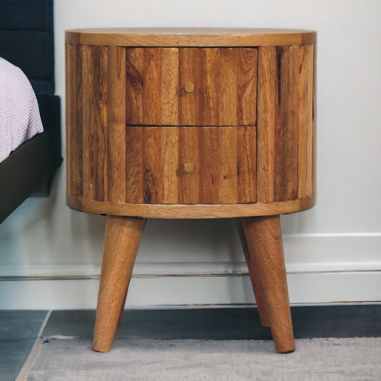 Stripe Nightstand, 2-Drawers, Nordic Legs, Light Brown