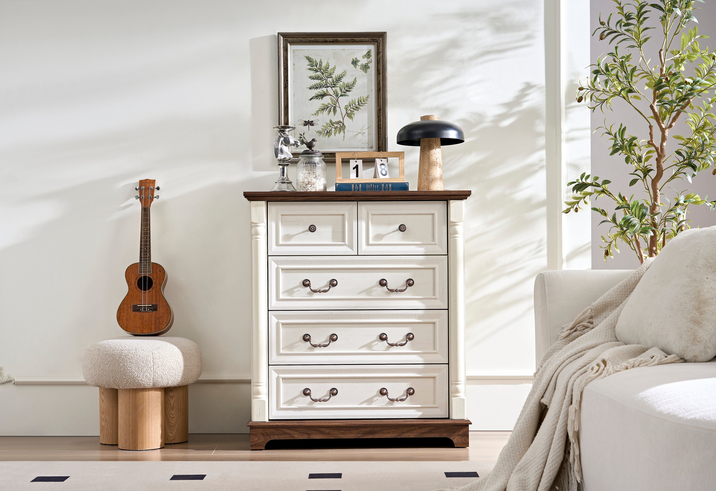 Farmhouse Style 5  Drawer Dresser Chest with Base Wooden Rustic Chest of Drawers, Storage Dresser Organizer for Bedroom, Living Room, Beautiful Sturdy and Durable