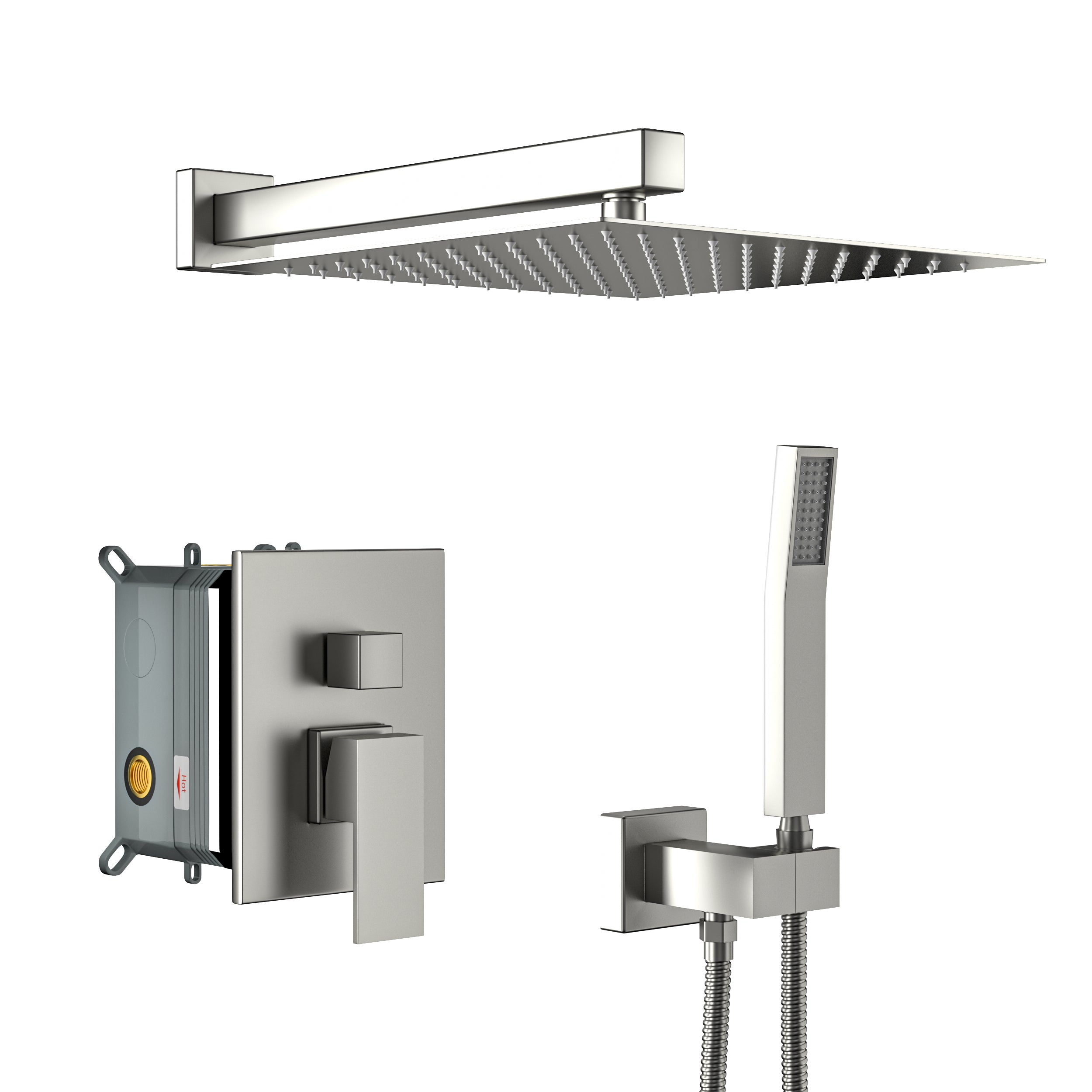 Modern Dual Shower Head System with Rough-in Valve, Brushed Nickel Finish, 10 Inch Square Design