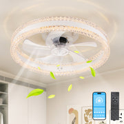 20' Luxury Double Ring LED Ceiling Fan with Light – Modern Flush Mount Design, Hidden Blades, Dimmable Lighting & Remote Control, Low Profile Silent Fan for Bedroom, Living Room (White)