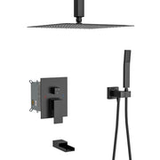 Matte Black 12 Inch Ceiling Mount Square Shower System with Waterfall Tub Spout and Rough-in Valve