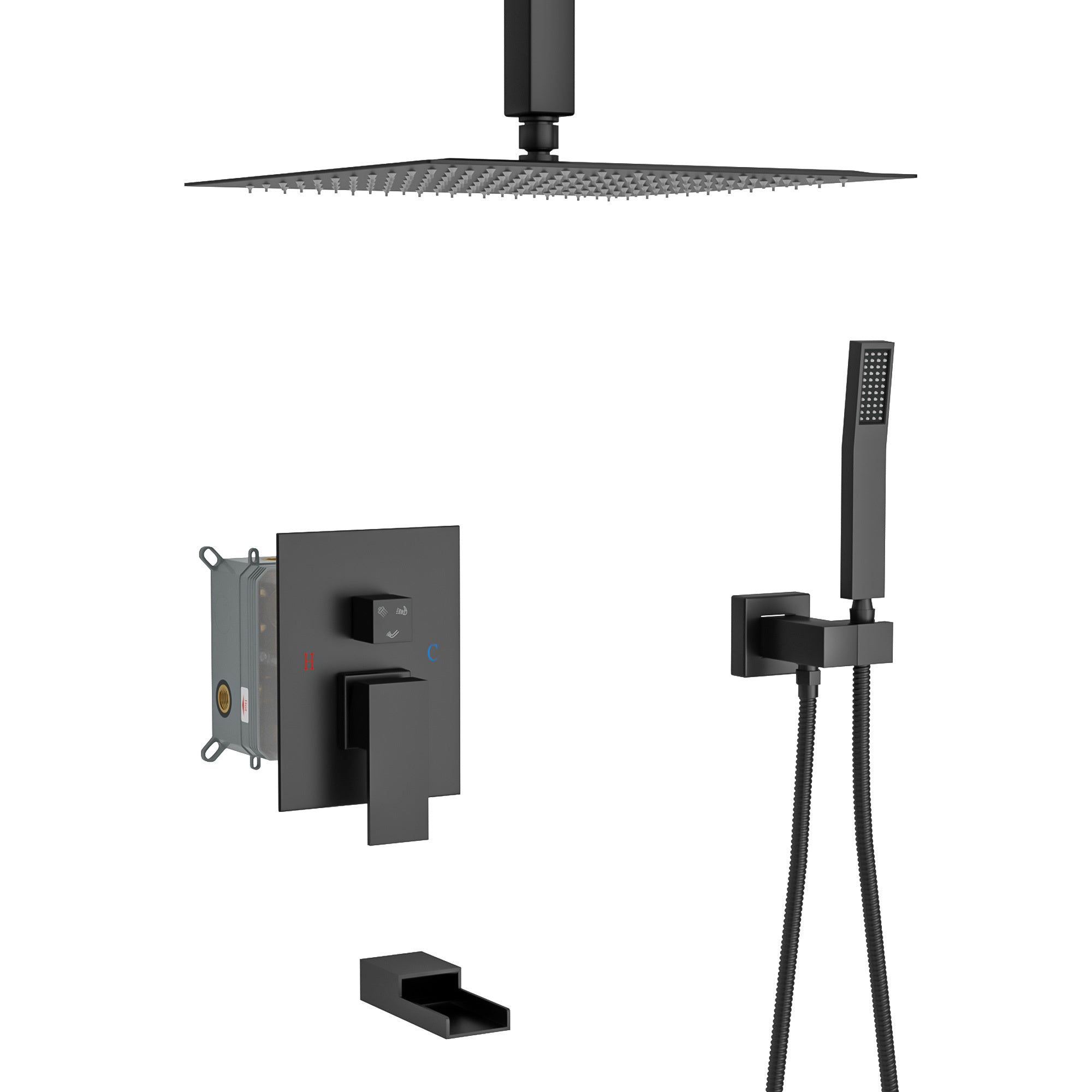Matte Black 16 Inch Ceiling Mount Square Shower System with Waterfall Tub Spout and Rough-in Valve