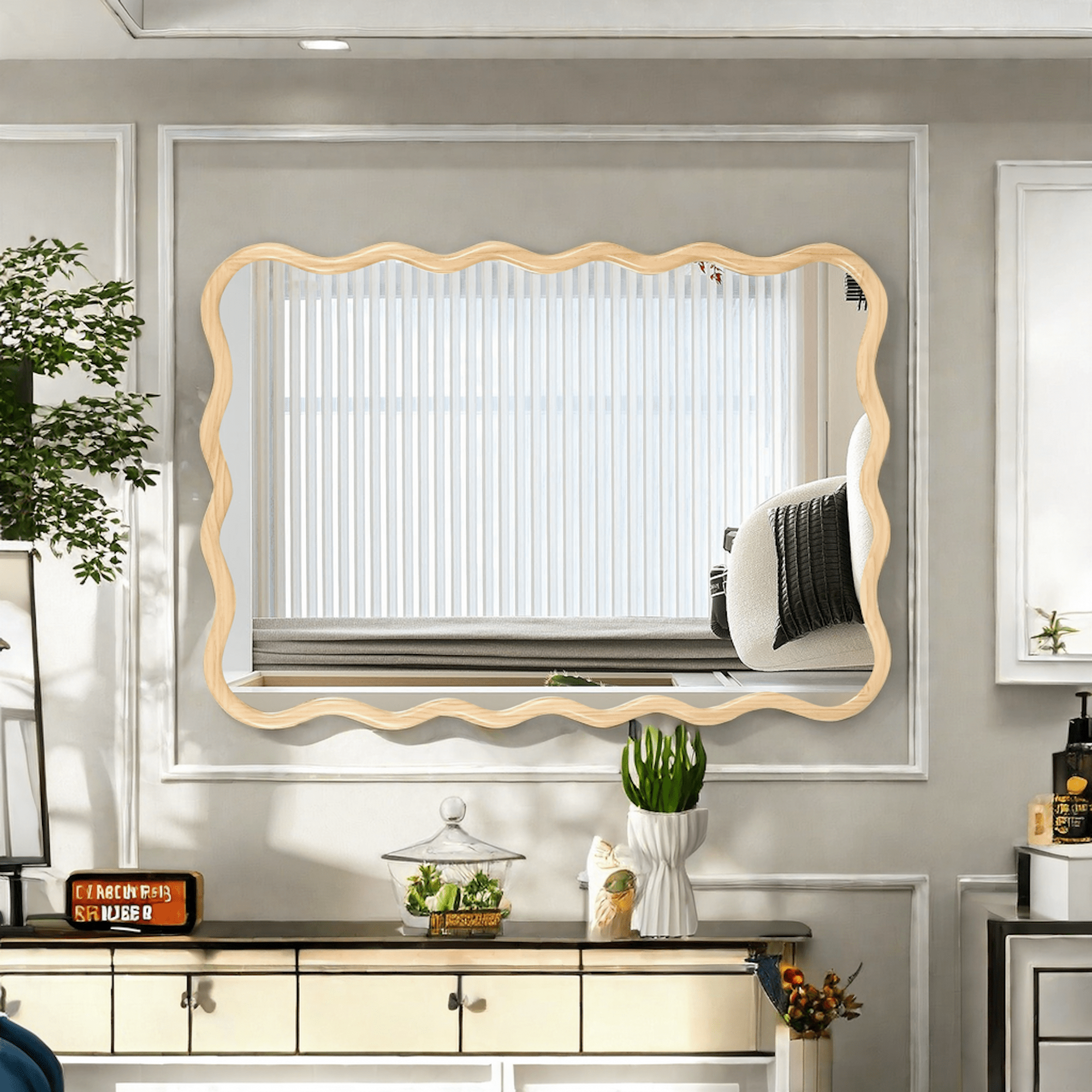 Solid Wood Wavy Rectangle  Mirror-Natural-Wood   40' x 28' Modern Mirror Wall Decor for Bathroom, Bedroom, Living Room, Dining Room, Cloakroom, Entryway