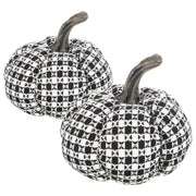 Set of 2, 7x7x6.7' Fabric Black-White Plaid Pumpkin Decor, for Holiday Halloween Decoration