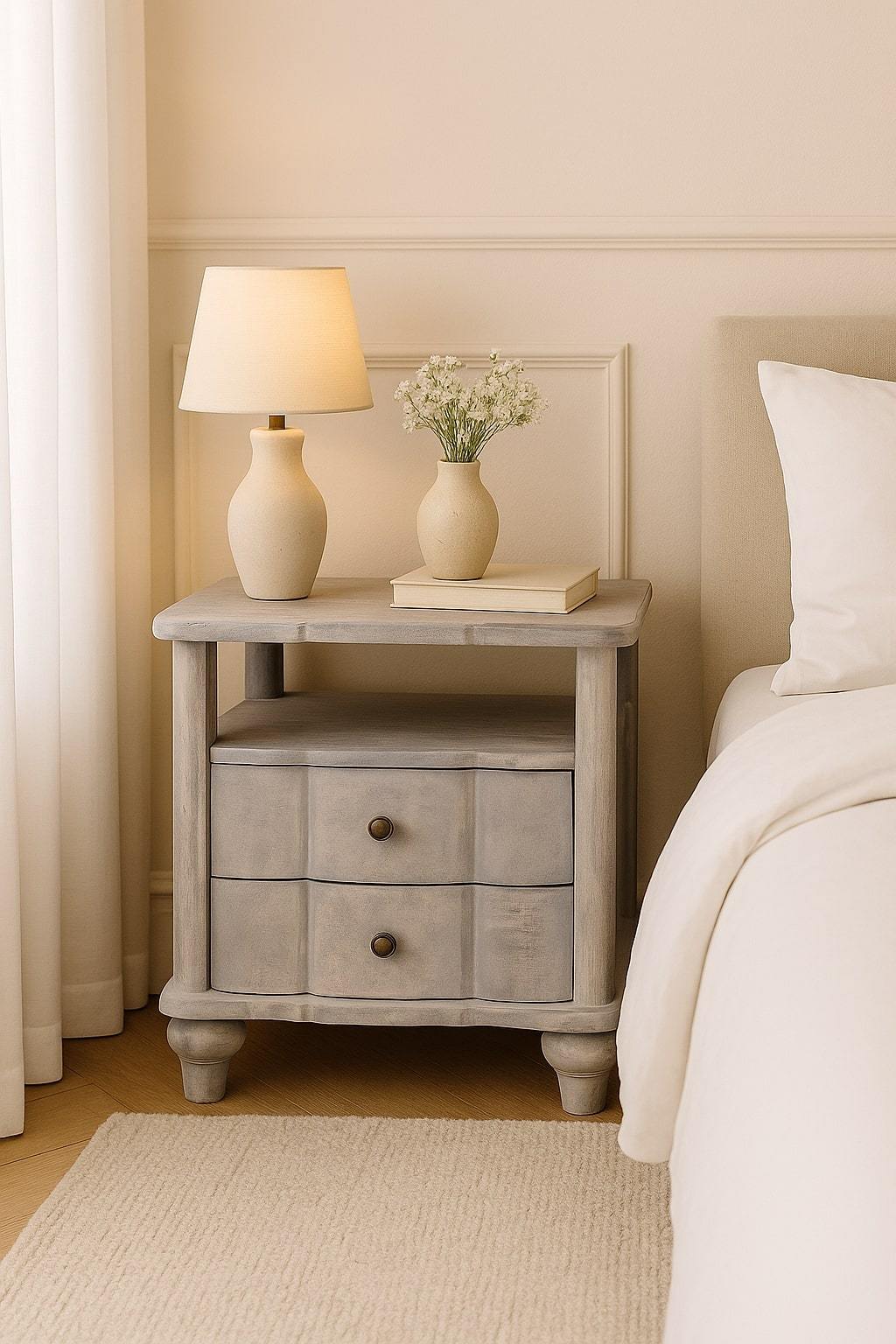 Solid Wood Lucia Bedside,Grey,2-Drawer,1-Shelf
