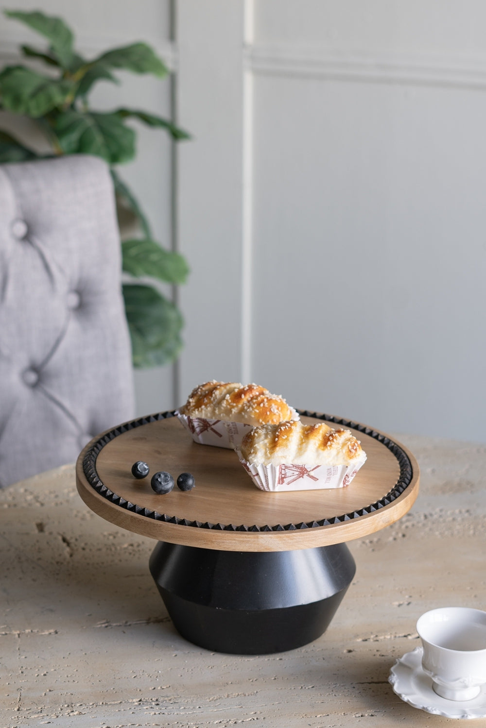 12x12x6' Round Wooden Pedestal Tray with Black Detailing and Sculptural Stand